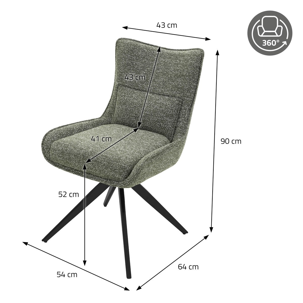 Grüner Drehstuhl mit schwarzem Fußkreuz und Maßangaben: 90 cm hoch, 54 cm breit, 64 cm tief.