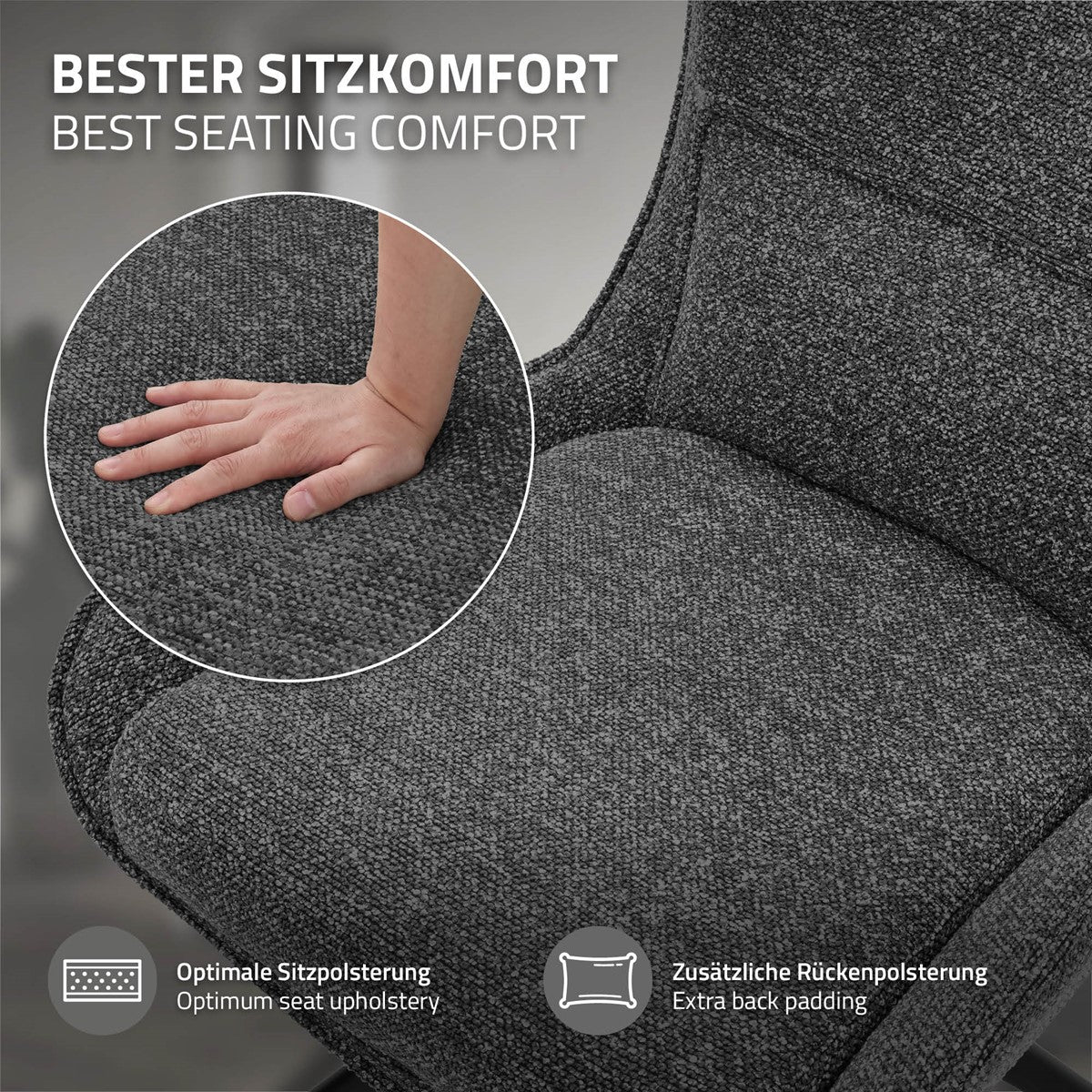 Nahaufnahme eines dunkelgrauen Polsterstuhls mit runder Einblendung einer Hand auf dem Sitz; Text nennt Sitz- und Rückenpolsterung.