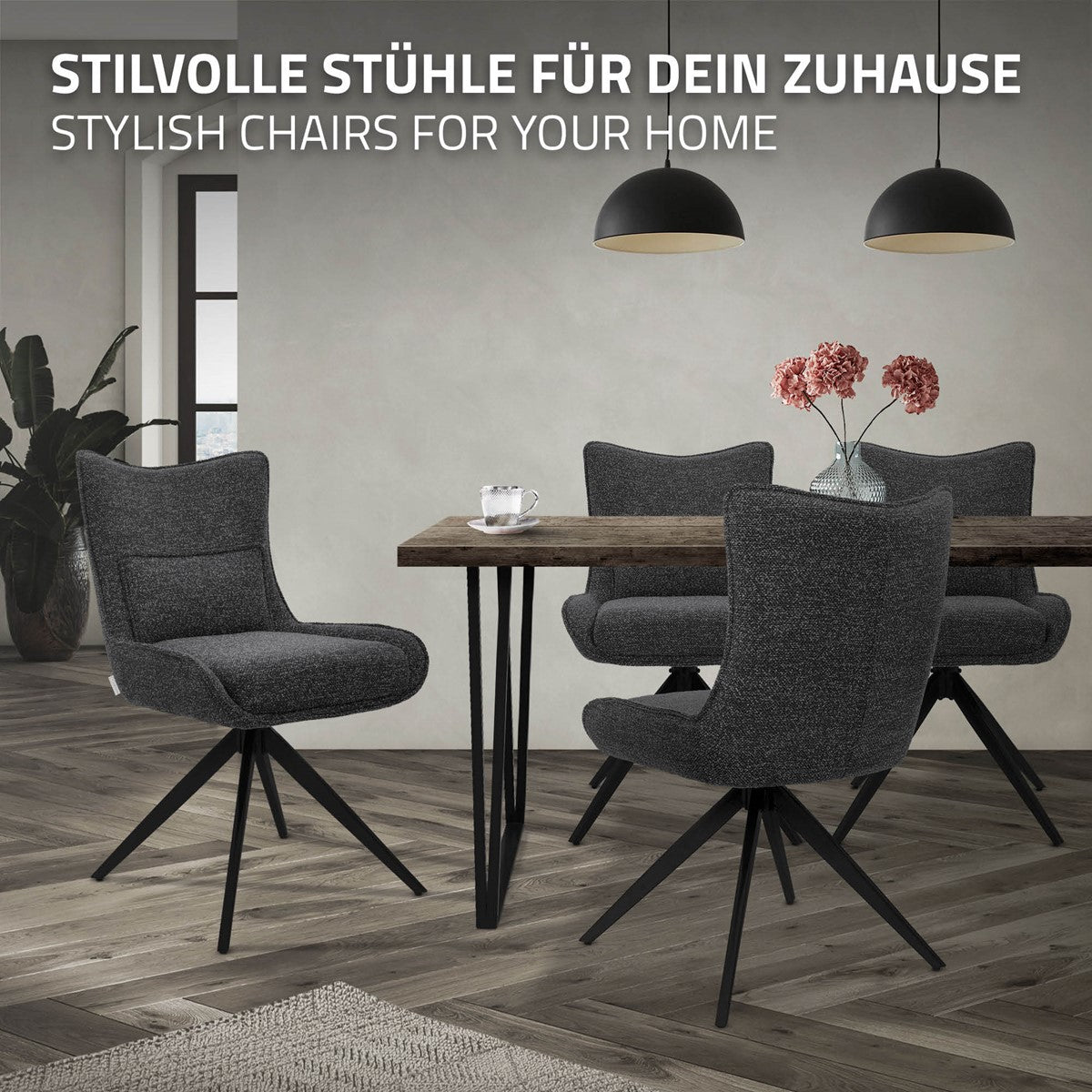 Vier dunkelgraue Polsterstühle stehen um einen Esstisch; darüber hängt der Text „Stilvolle Stühle für dein Zuhause“.