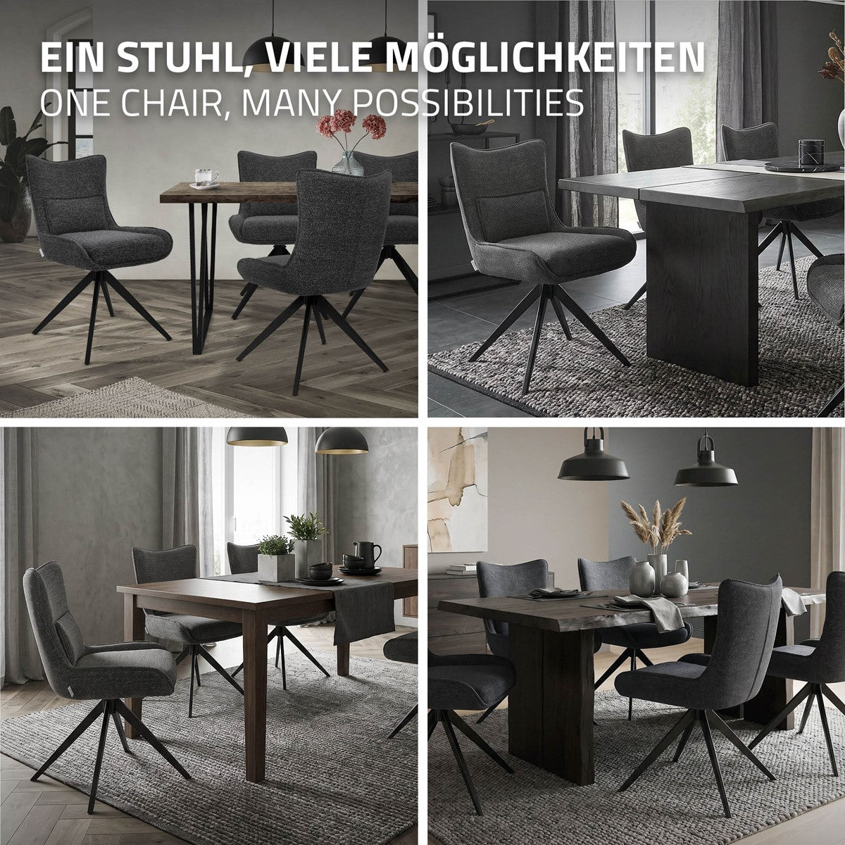 Vier Wohnraumszenen mit dunkelgrauen gepolsterten Drehstühlen an Esstischen; darüber steht „Ein Stuhl, viele Möglichkeiten“.