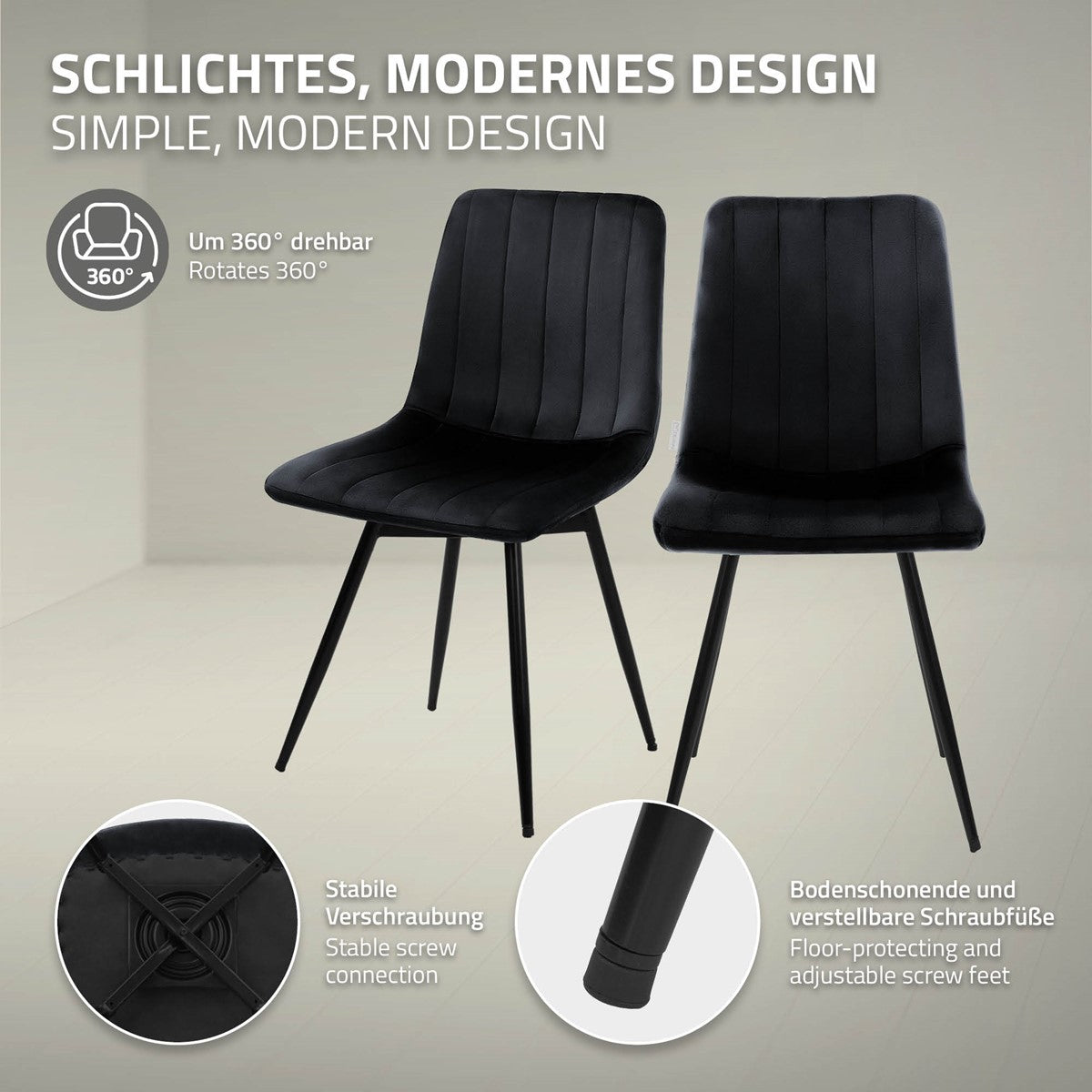 Twee zwarte gestoffeerde stoelen met zwarte poten; aanduidingen tonen een draaiing van 360 graden, stevige schroefverbindingen en verstelbare inschroefbare vloerdoppen.
