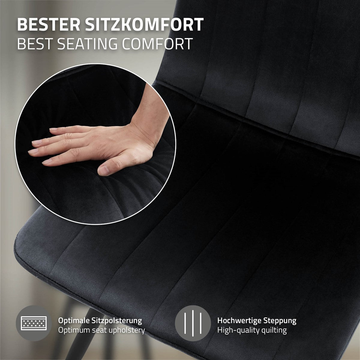 Nahaufnahme eines schwarzen, gesteppten Sitzpolsters; eine Hand drückt auf die Sitzfläche. Einblendungen zu Polsterung und Steppung.
