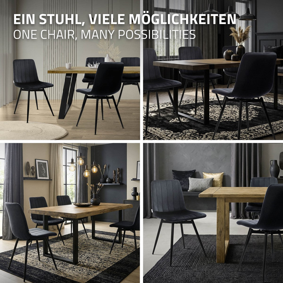 Vier interieurbeelden tonen zwarte stoelen aan eettafels in verschillend ingerichte ruimtes.