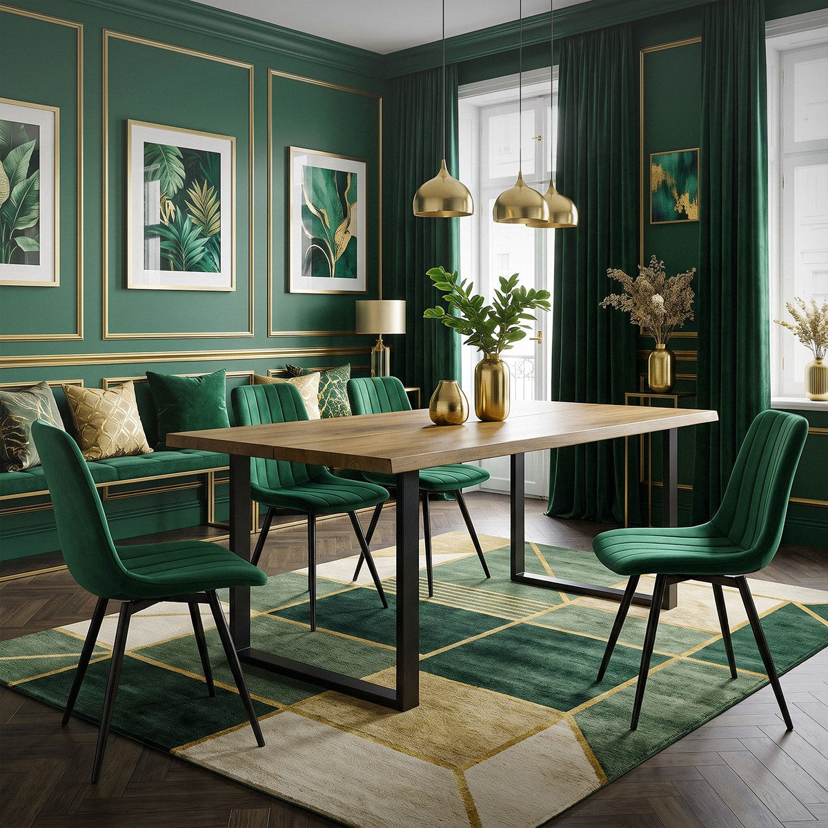 Eetkamer met groen gestoffeerde stoelen, een houten tafel, een groen vloerkleed, ingelijste plantenafbeeldingen en hanglampen.