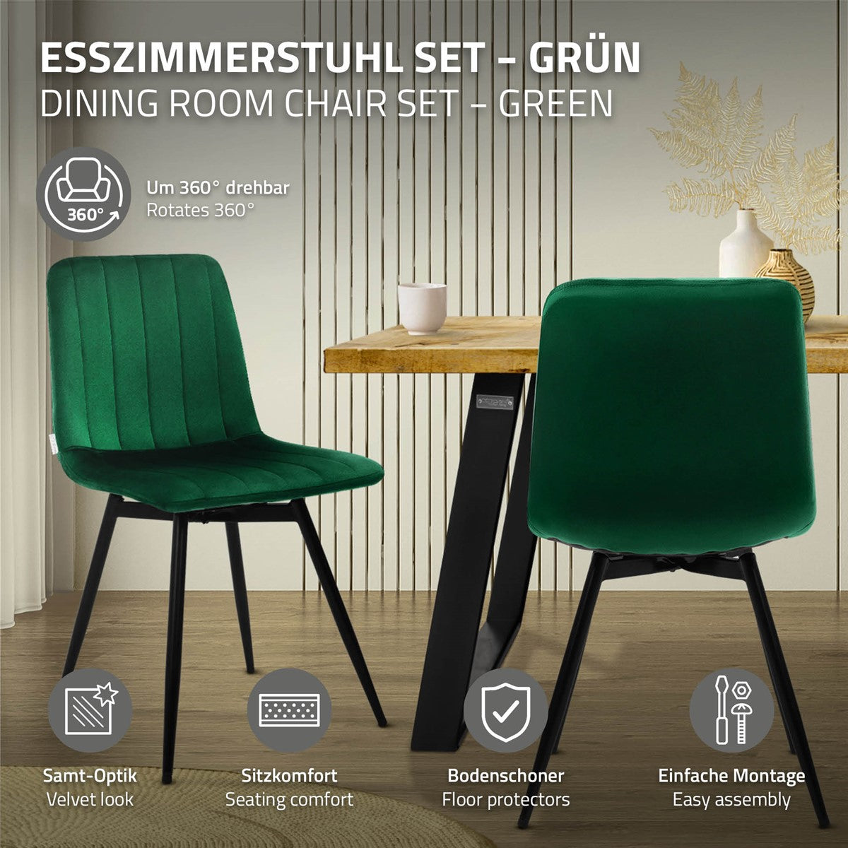 Twee groene fluwelen eetkamerstoelen met zwarte poten bij een houten tafel; informatie over de draaifunctie, zitcomfort, vloerbeschermers en montage.