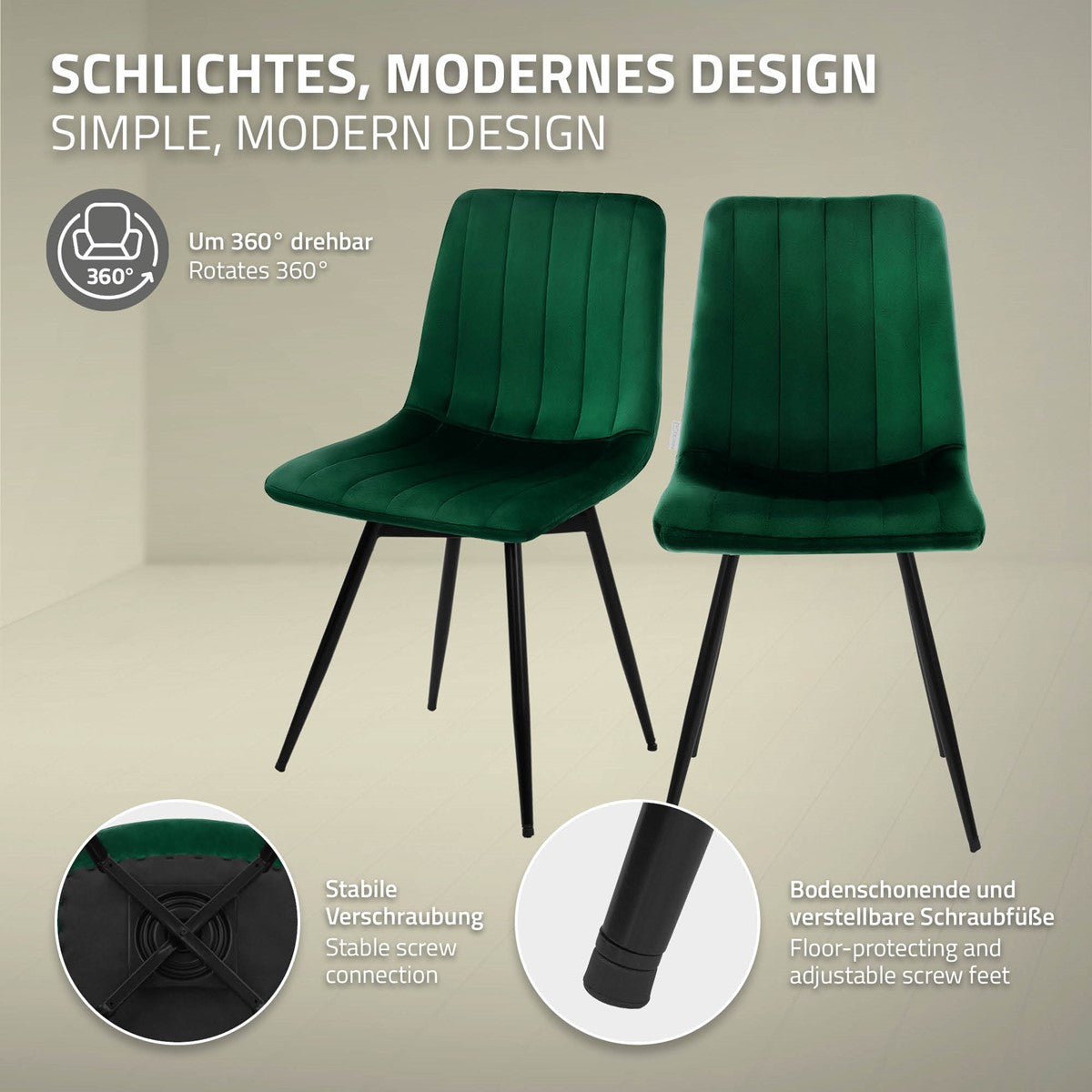 Twee groene gestoffeerde stoelen met zwarte poten; detailcirkels tonen de draaifunctie van 360°, de verbinding van de zitting en een verstelbare poot.