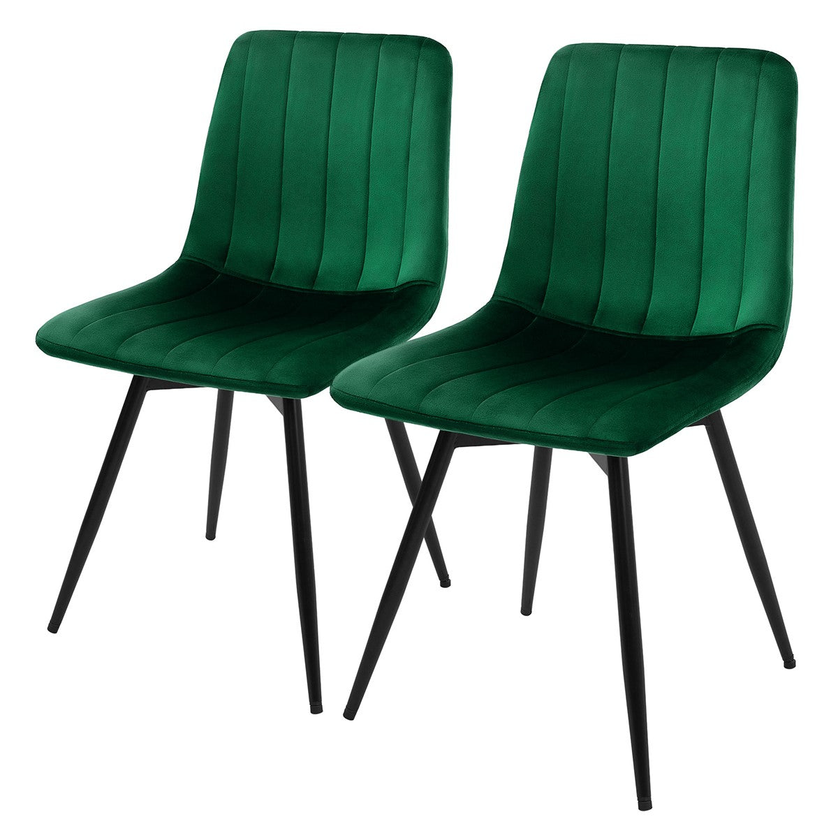 Twee donkergroene gestoffeerde stoelen met verticale stiksels en zwarte poten tegen een witte achtergrond.