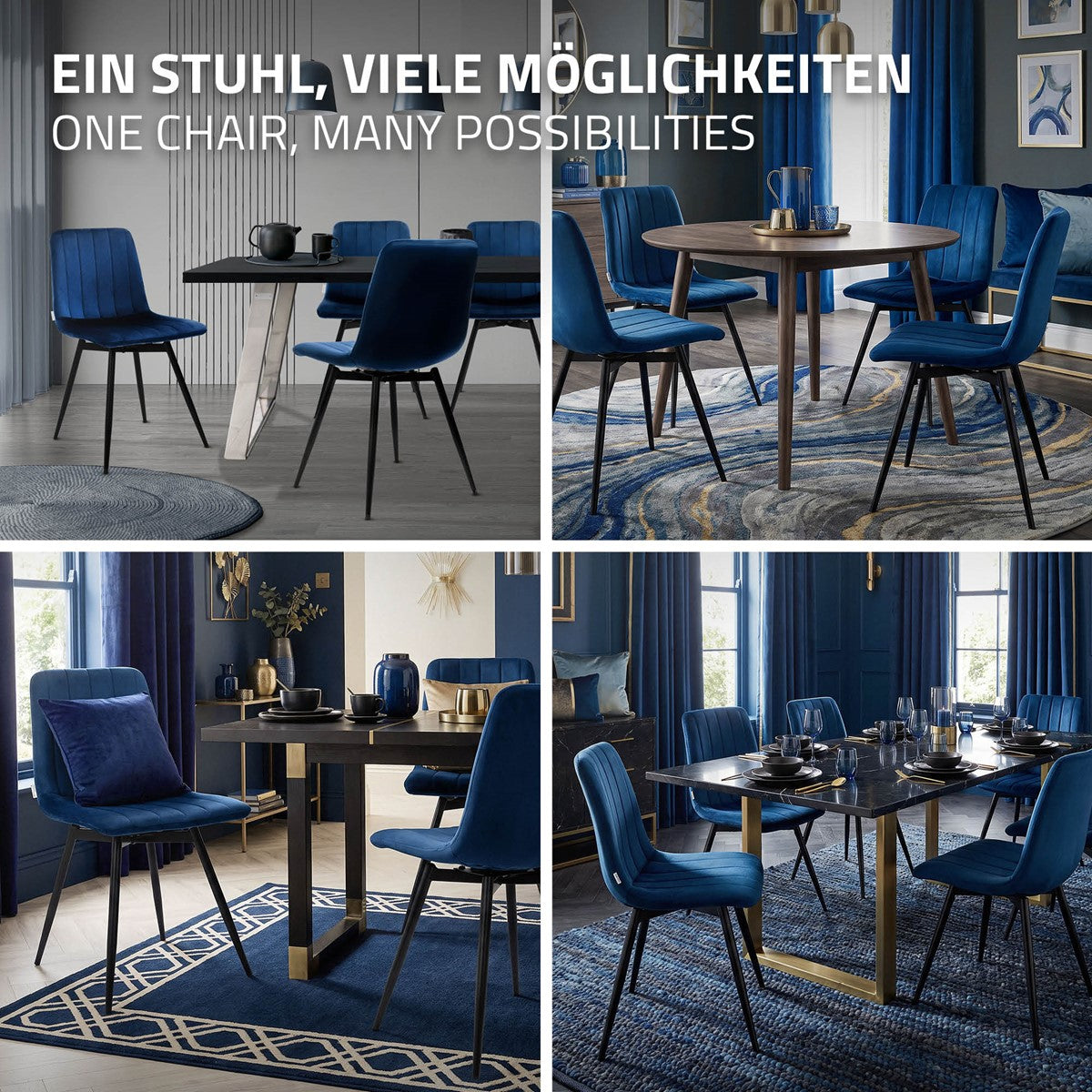 Vier woonkamerscènes met blauwe gestoffeerde stoelen aan eettafels; de kop luidt ‘Eén stoel, veel mogelijkheden’.