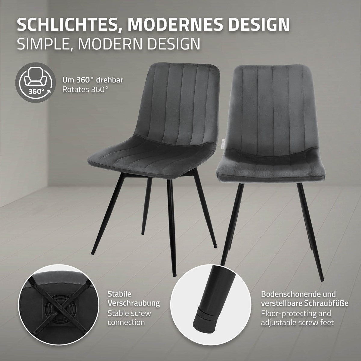 Twee donkergrijze gestoffeerde stoelen met zwarte poten die 360 graden kunnen draaien; details tonen schroefbevestigingen en verstelbare vloerbeschermers.