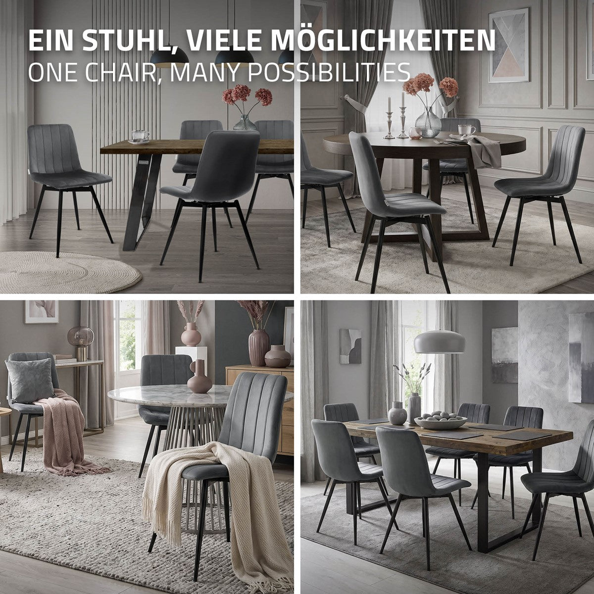 Vier interieurscènes tonen grijze stoelen aan eettafels; erboven staat „Eén stoel, veel mogelijkheden”.