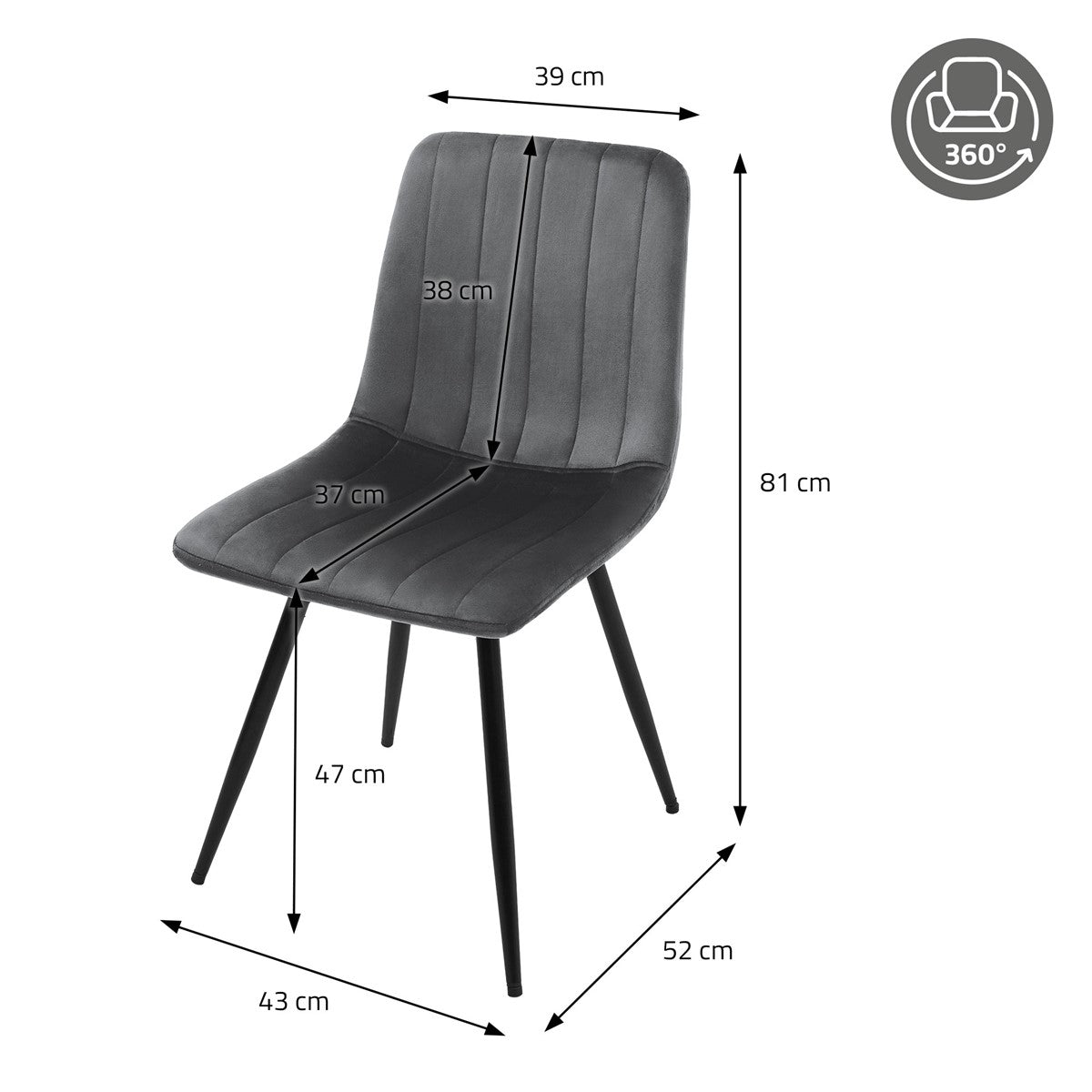 Grijze stoel met afmetingen: 81 cm hoog, 43 cm breed en 52 cm diep; zithoogte 47 cm.