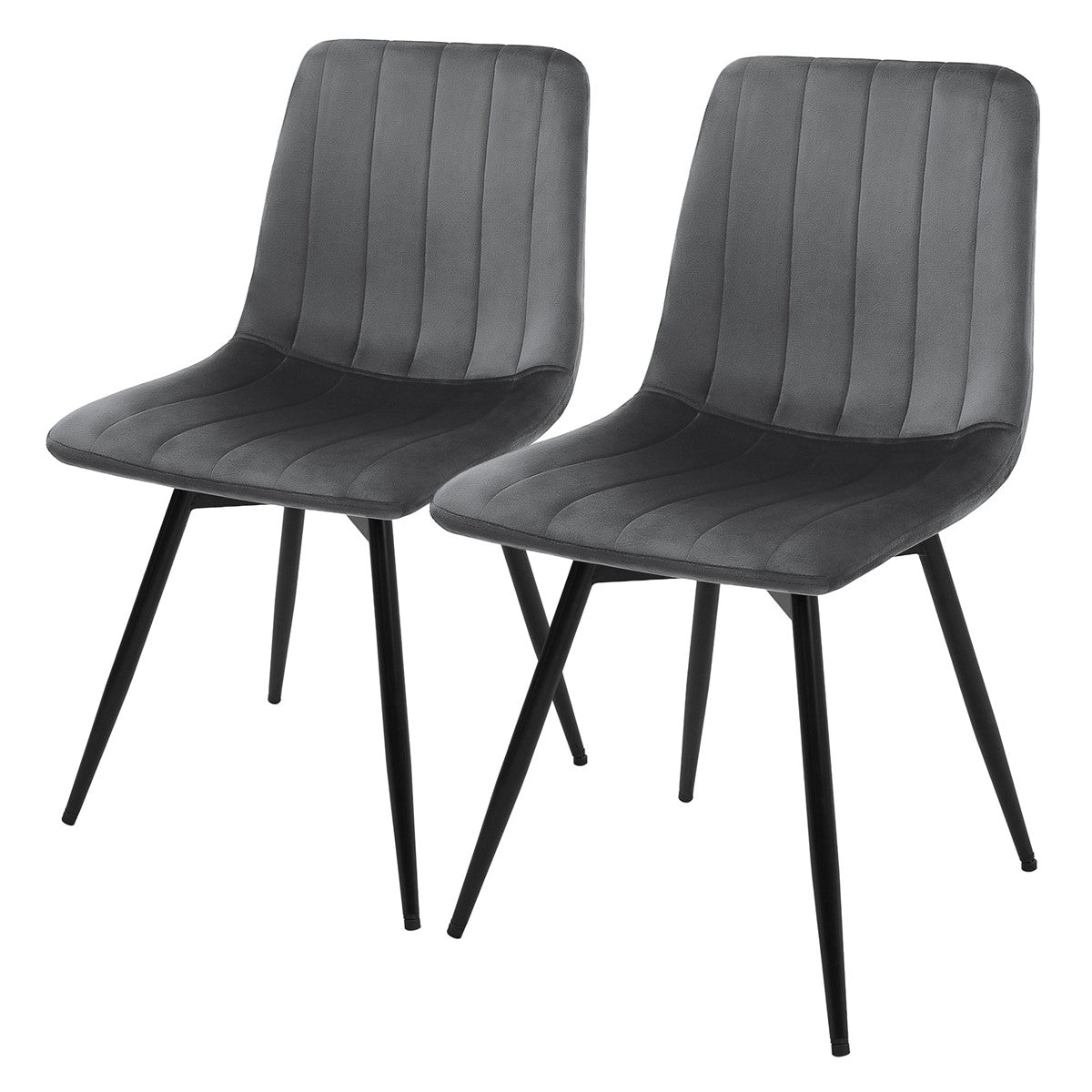 Twee grijze stoelen met verticale stiknaden en zwarte poten op een witte achtergrond.