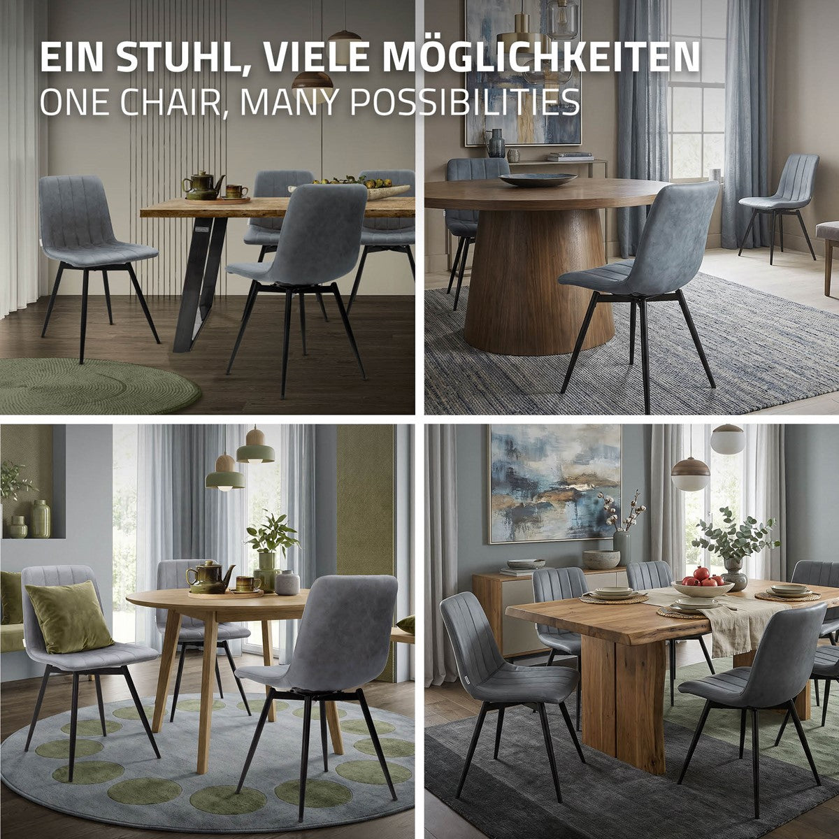 Vier woonkamerscènes met grijze gestoffeerde stoelen aan eettafels. Kop: „Eén stoel, veel mogelijkheden”.