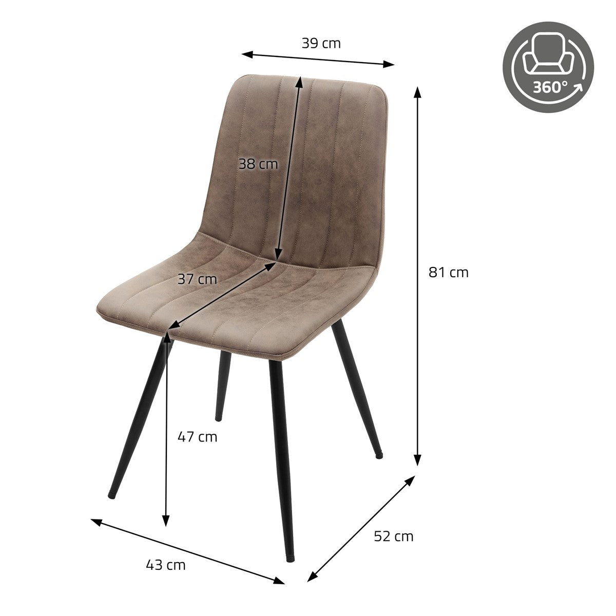 Bruine eetkamerstoel met afmetingen: 81 cm hoog, 43 cm breed en 52 cm diep.