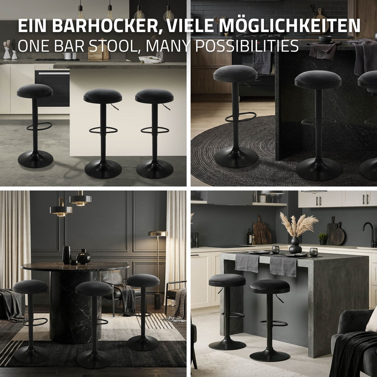 Vier Wohnraumszenen mit schwarzen Barhockern an Kücheninseln und Tischen.