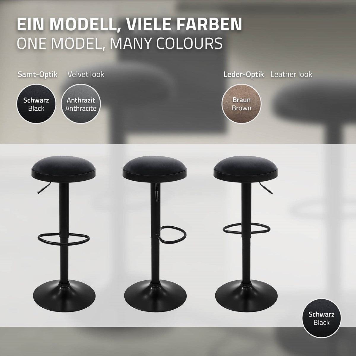 Drei schwarze Barhocker mit runden Sitzen; Farbauswahl für Samt- und Lederoptik in Schwarz, Anthrazit und Braun.