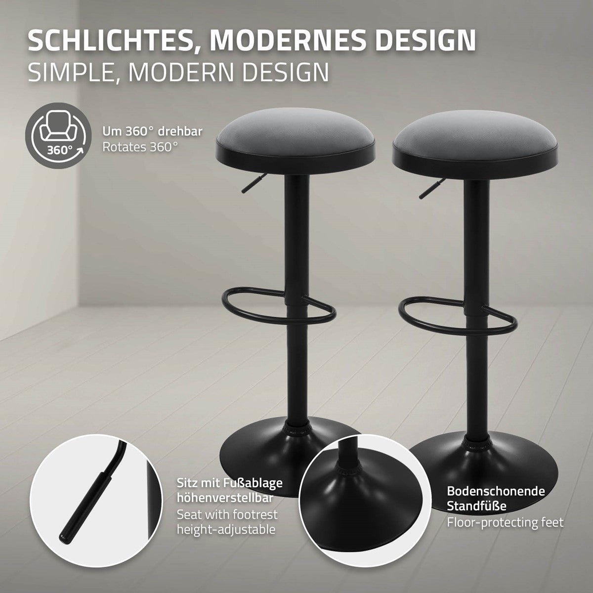 Zwei schwarze höhenverstellbare Barhocker mit runden Sitzen, Fußringen und Standfüßen; Detailkreise zeigen Fußablage und Standfuß.