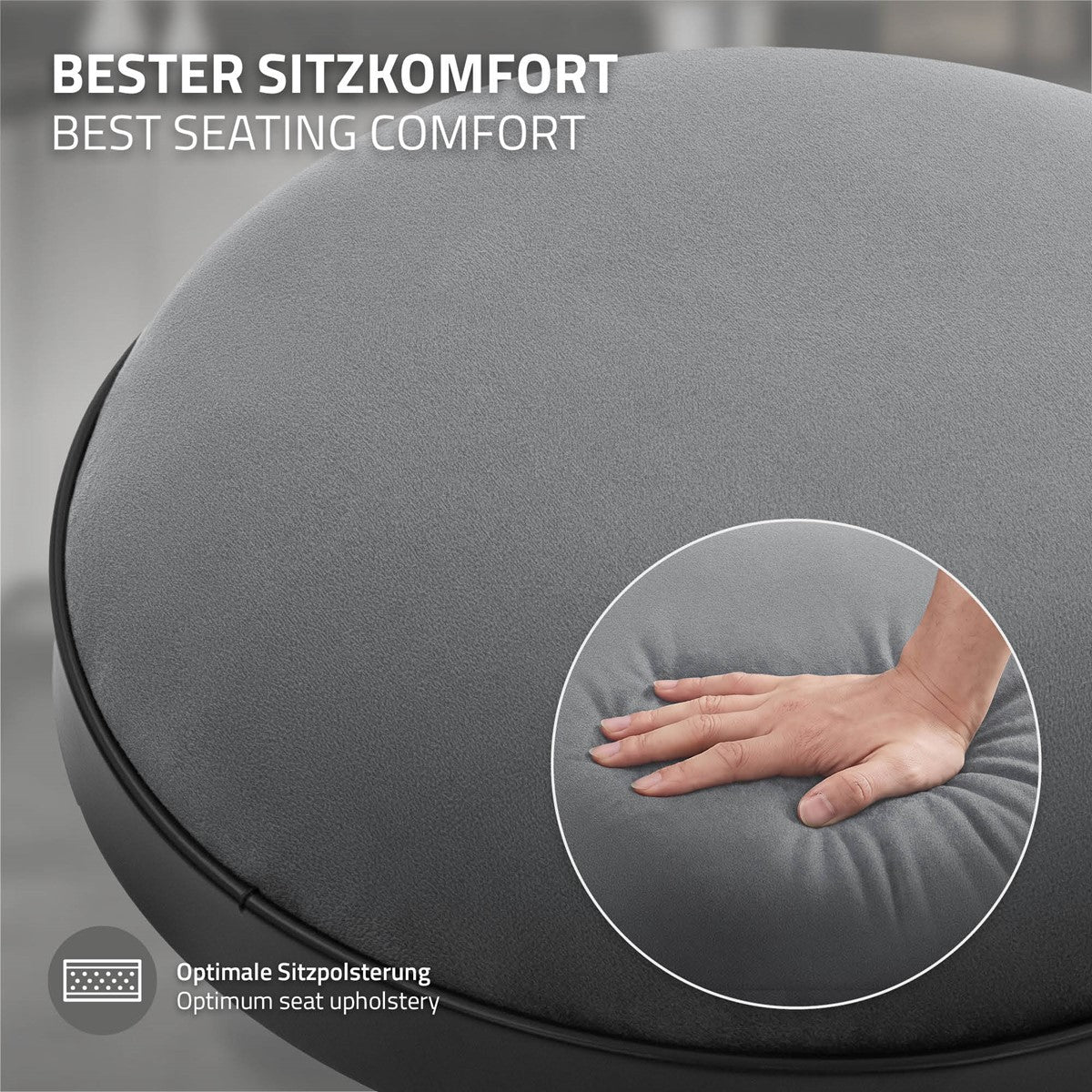 Nahaufnahme eines grauen runden Sitzpolsters; eine Hand drückt in den Stoff. Text nennt Sitzkomfort und Polsterung.