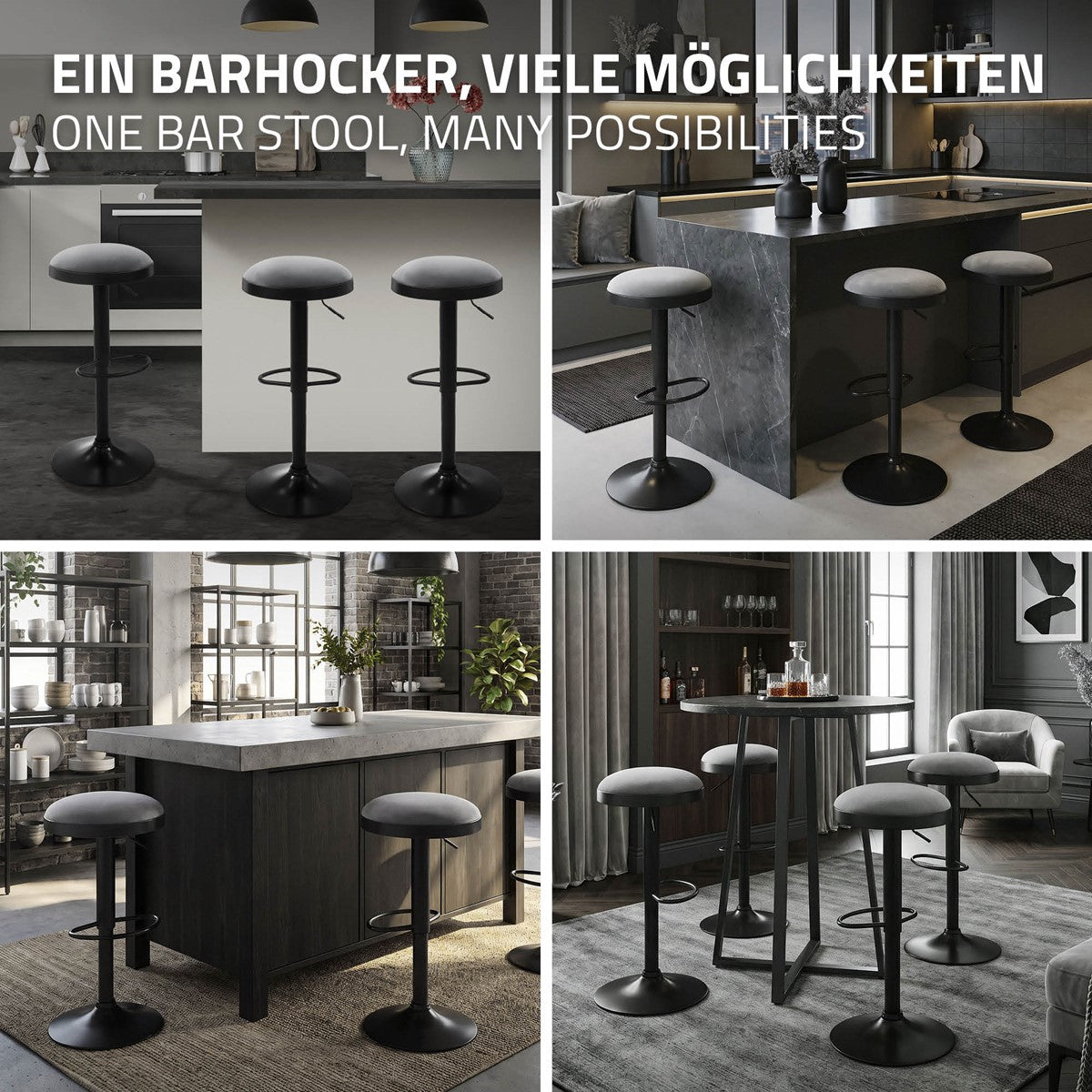 Vier Wohnszenen mit schwarzen Barhockern an Kücheninseln und Esstischen.