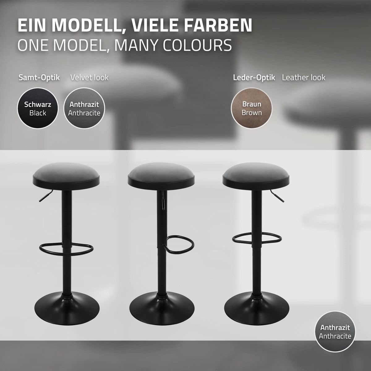 Drei schwarze Barhocker mit runden Sitzen; Farbvarianten in Schwarz, Anthrazit und Braun sind abgebildet.