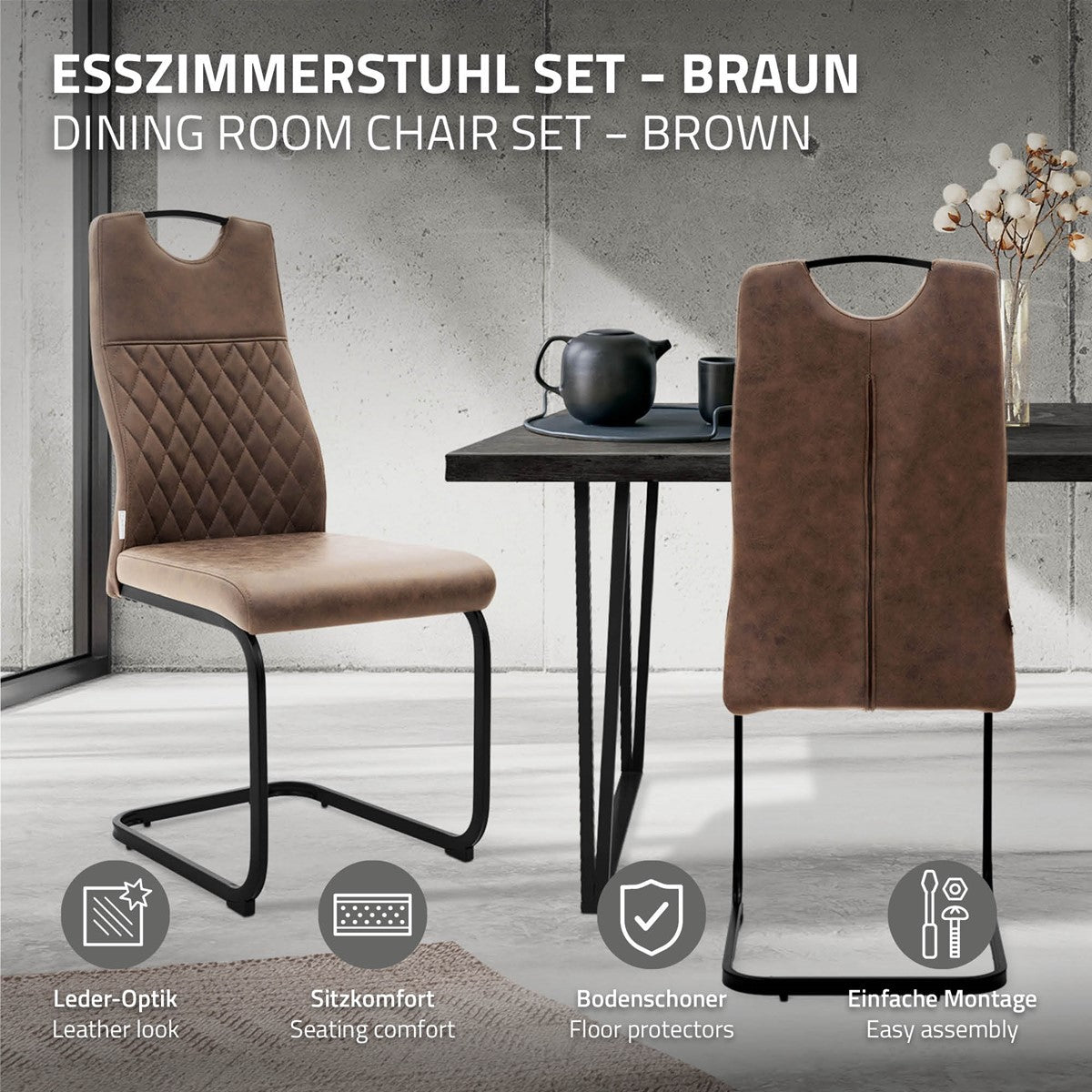 Brauner Esszimmerstuhl mit schwarzem Kufengestell neben einem Tisch; eingeblendete Symbole weisen auf Lederoptik, Sitzkomfort, Bodenschoner und Montage hin.