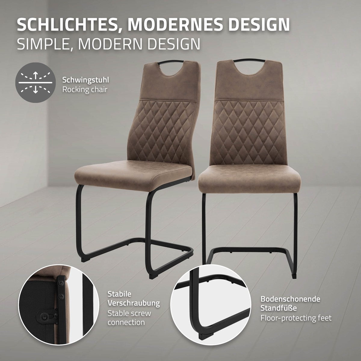 Zwei braune Freischwingerstühle mit Rautensteppung; Detailkreise zeigen Schraubverbindung und bodenschonende Standfüße.