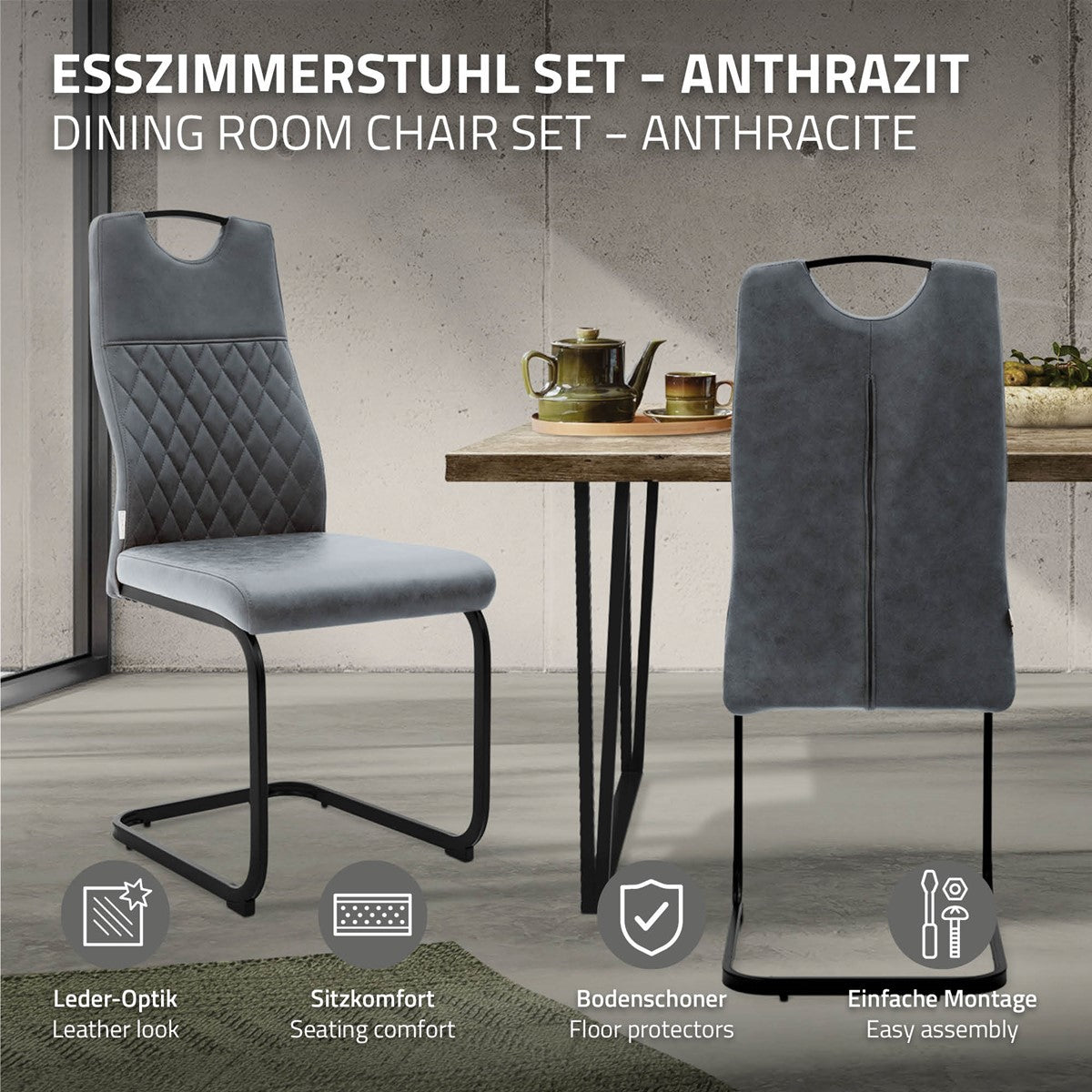 Zwei anthrazitfarbene Esszimmerstühle mit schwarzen Kufengestellen neben einem Tisch; Hinweise zu Lederoptik, Sitzkomfort, Bodenschonern und Montage.