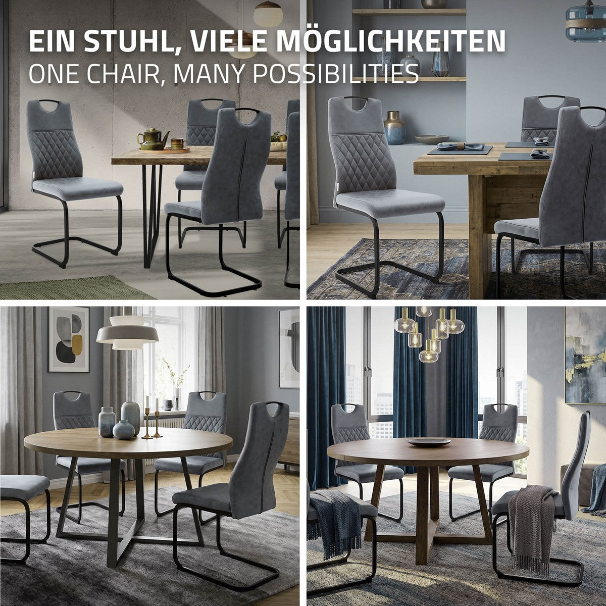 Vier Wohnzimmerszenen zeigen graue Freischwingerstühle an Esstischen. Überschrift: „Ein Stuhl, viele Möglichkeiten“.