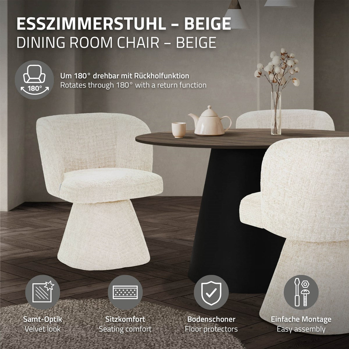 Beiger Esszimmerstuhl neben einem dunklen Tisch; Bildhinweise nennen 180-Grad-Drehfunktion, Samtoptik, Sitzkomfort, Bodenschoner und einfache Montage.