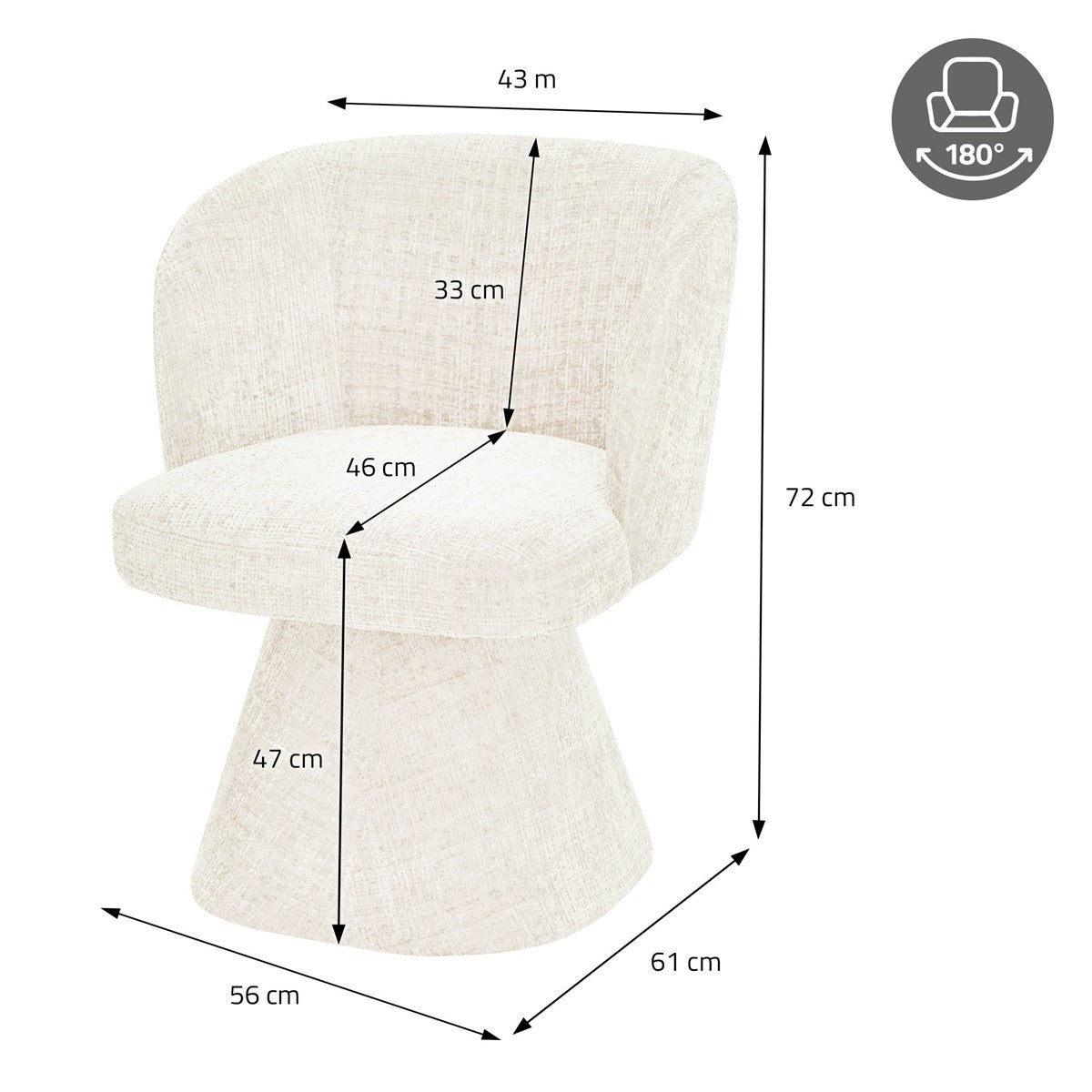 Cremefarbener drehbarer Polsterstuhl mit Maßangaben: Höhe 72 cm, Breite 56 cm, Tiefe 61 cm.