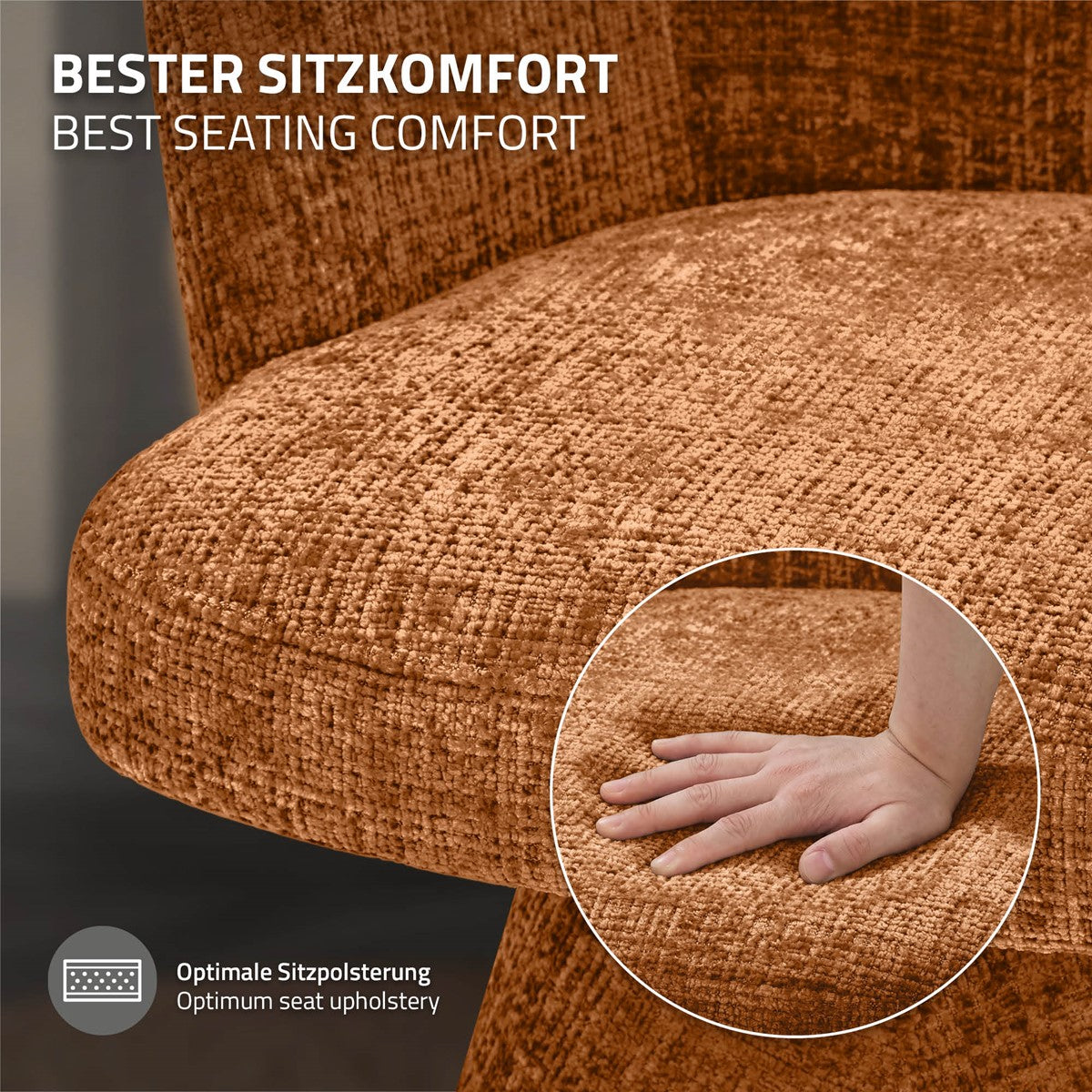 Nahaufnahme eines braunen Stuhlsitzes; eine Hand drückt auf das Polster. Text weist auf Sitzkomfort und Polsterung hin.