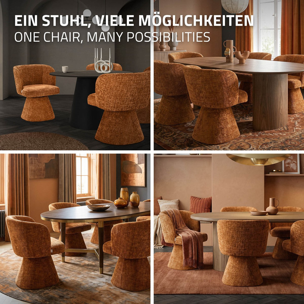 Vier Einrichtungsansichten mit braunen gepolsterten Drehstühlen an Esstischen. Text: „Ein Stuhl, viele Möglichkeiten“.