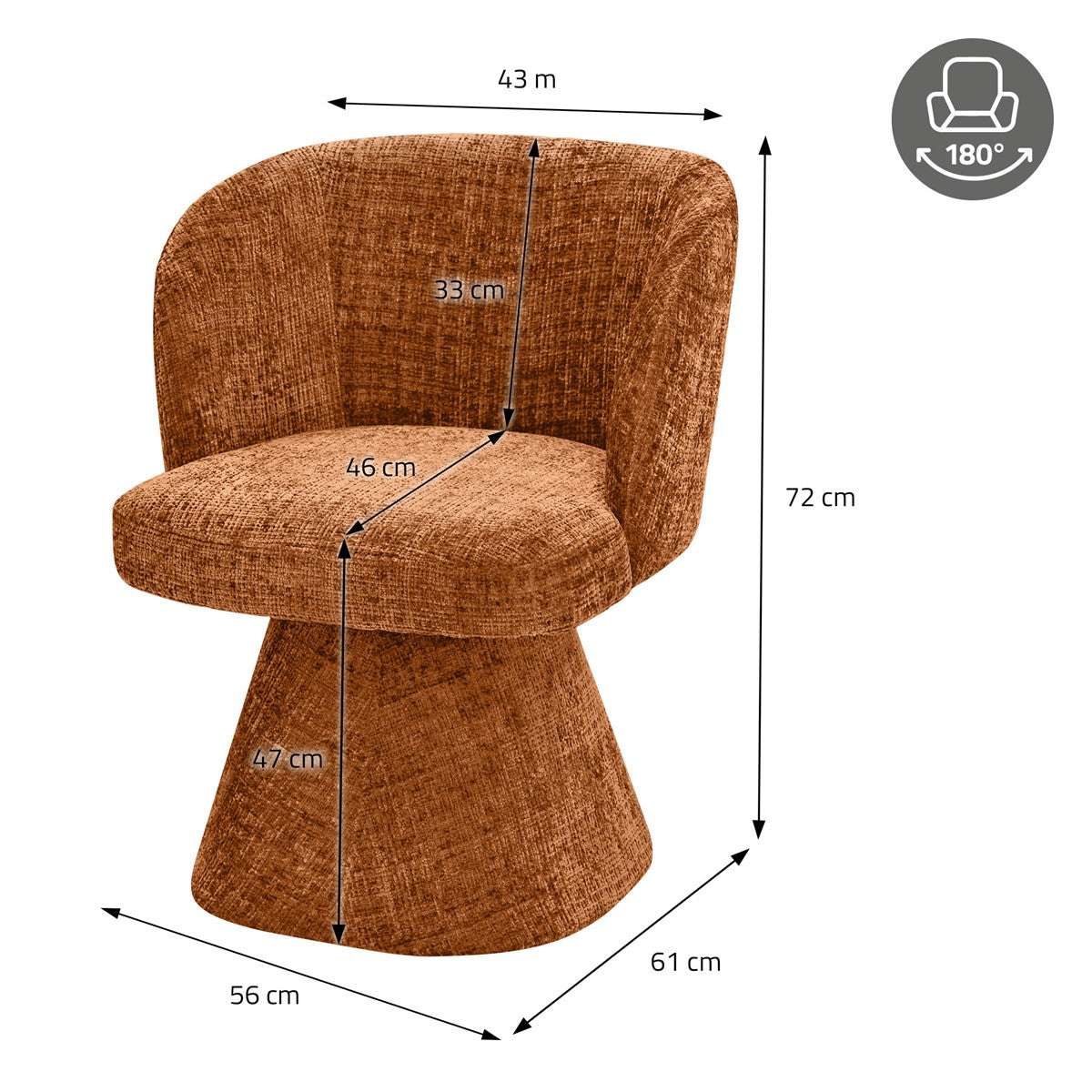 Brun vridbar stoppad stol med mått: höjd 72 cm, bredd 56 cm, djup 61 cm.