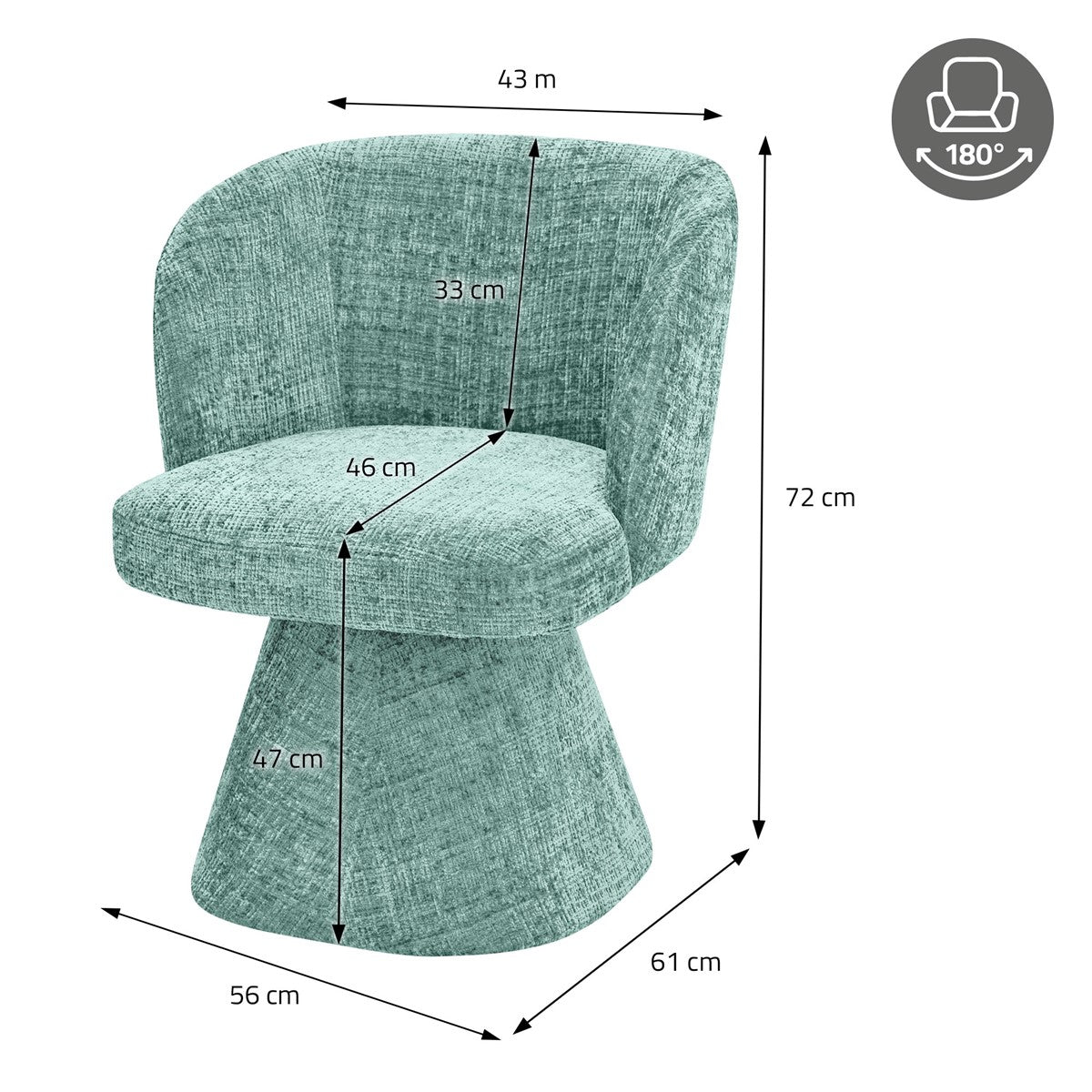 Petrolfarbener Drehstuhl mit Maßangaben: 72 cm Höhe, 56 cm Breite, 61 cm Tiefe und eingezeichneten Sitzmaßen.