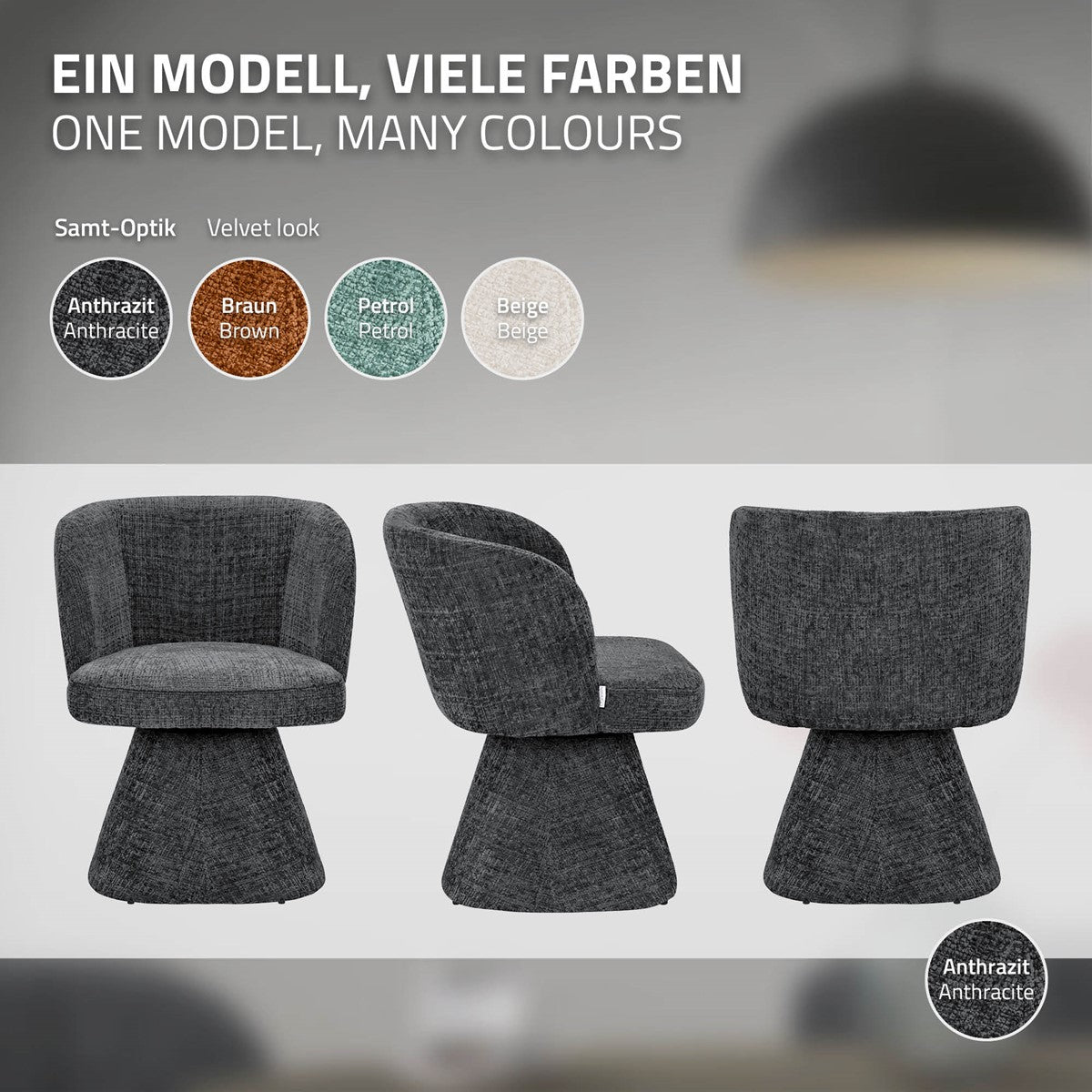 Drei Ansichten eines anthrazitfarbenen Polsterstuhls mit Trompetenfuß; daneben Farbmuster in Anthrazit, Braun, Petrol und Beige.