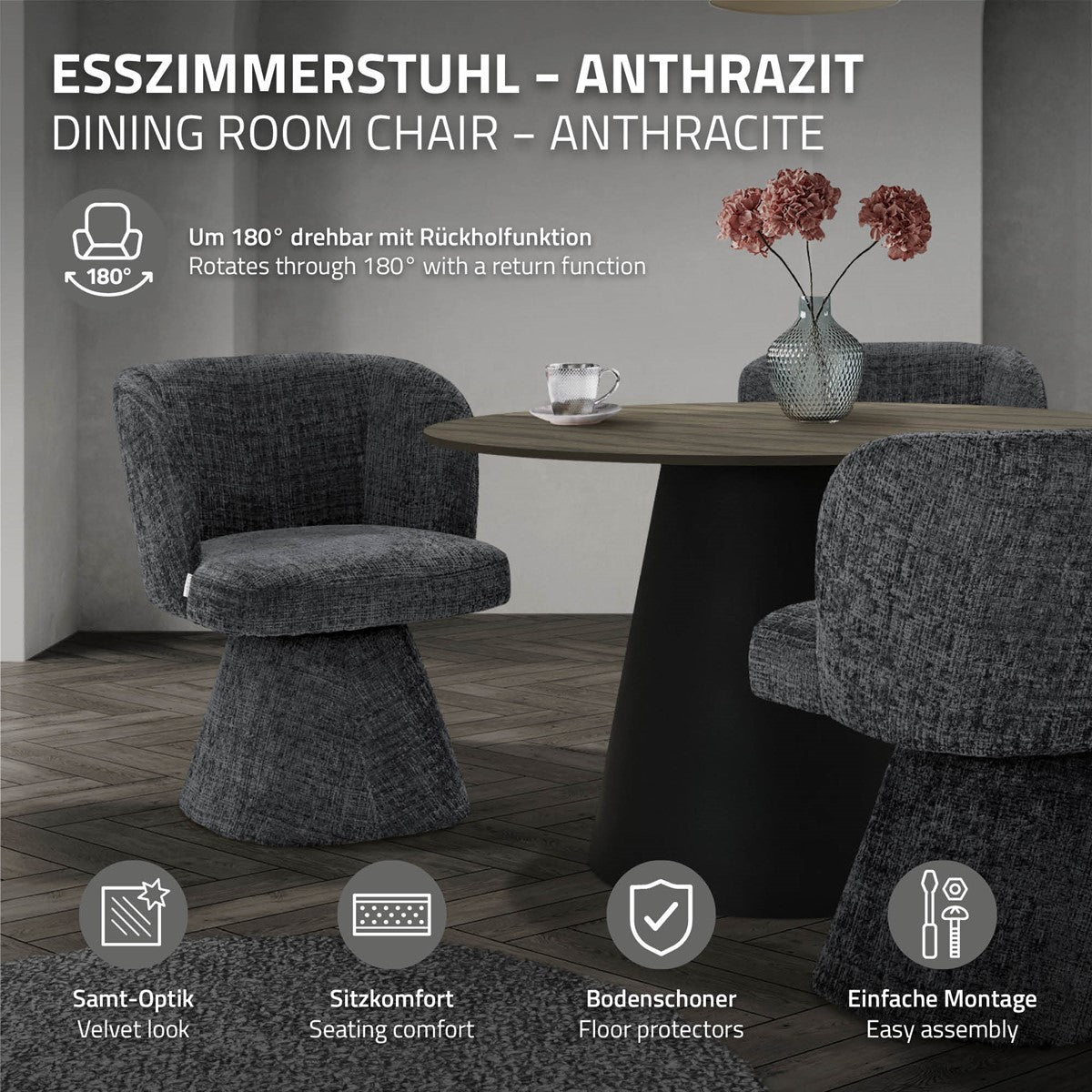 Anthrazitfarbene Esszimmerstühle mit Drehfuß an einem schwarzen Tisch; Hinweise zu Drehfunktion, Samtoptik, Sitzkomfort, Bodenschonern und Montage.