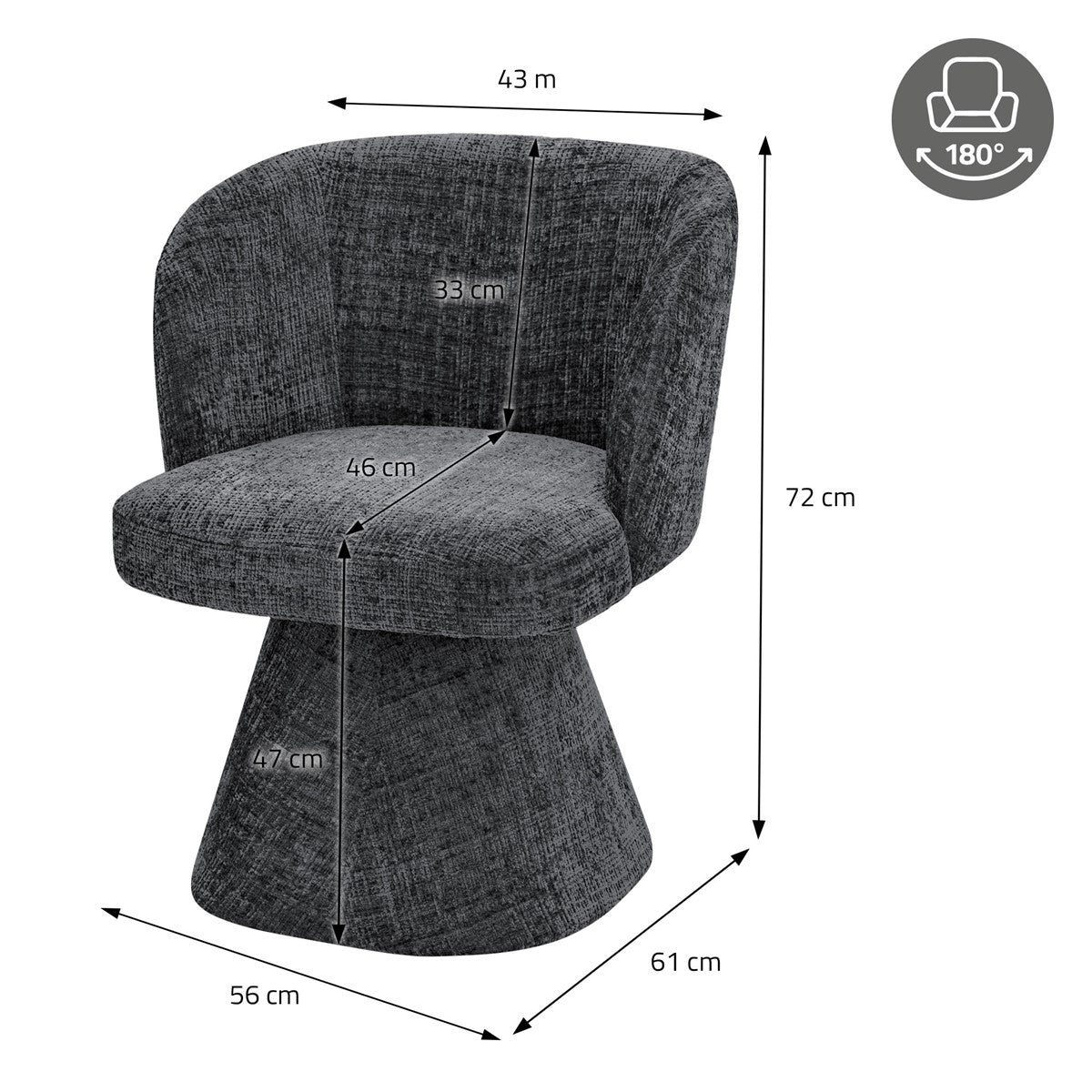 Dunkelgrauer Drehstuhl mit Maßangaben: Höhe 72 cm, Breite 56 cm, Tiefe 61 cm; Sitzhöhe 47 cm, Sitztiefe 46 cm.