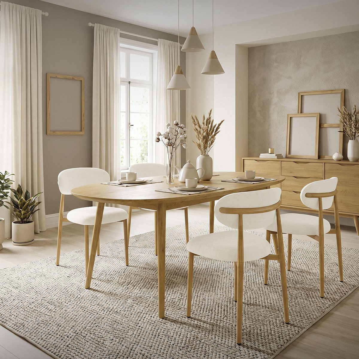 Heller Essbereich mit rundem Holztisch, weißen Stühlen, Vasen, gerahmten Bildern und einem geflochtenen Teppich.