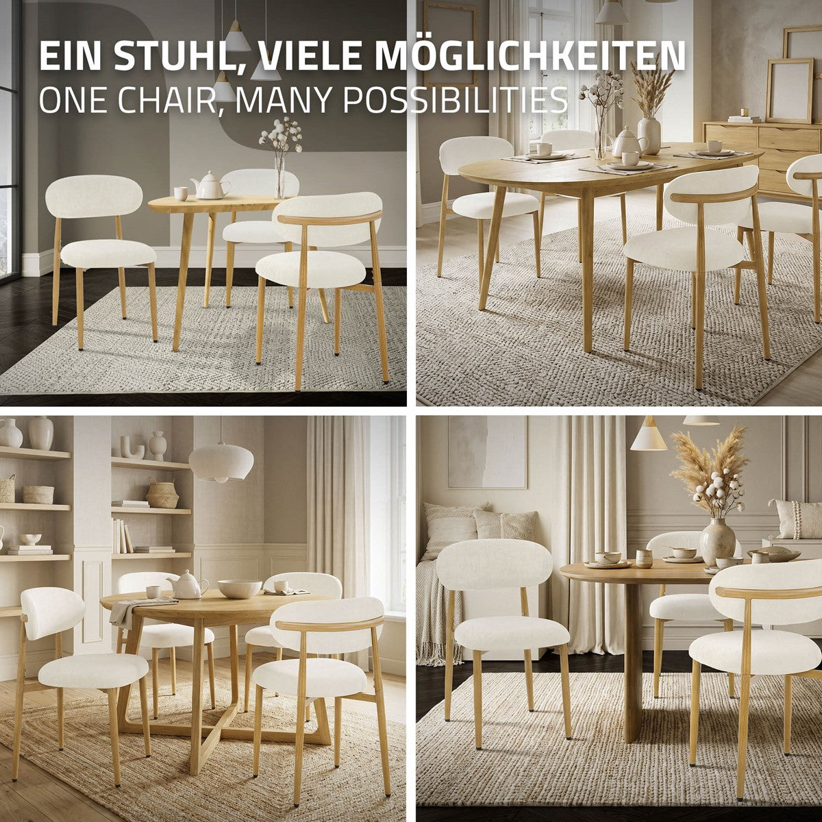 Vier Wohnraumszenen mit weißen Polsterstühlen und Holztischen; darüber steht „Ein Stuhl, viele Möglichkeiten“.