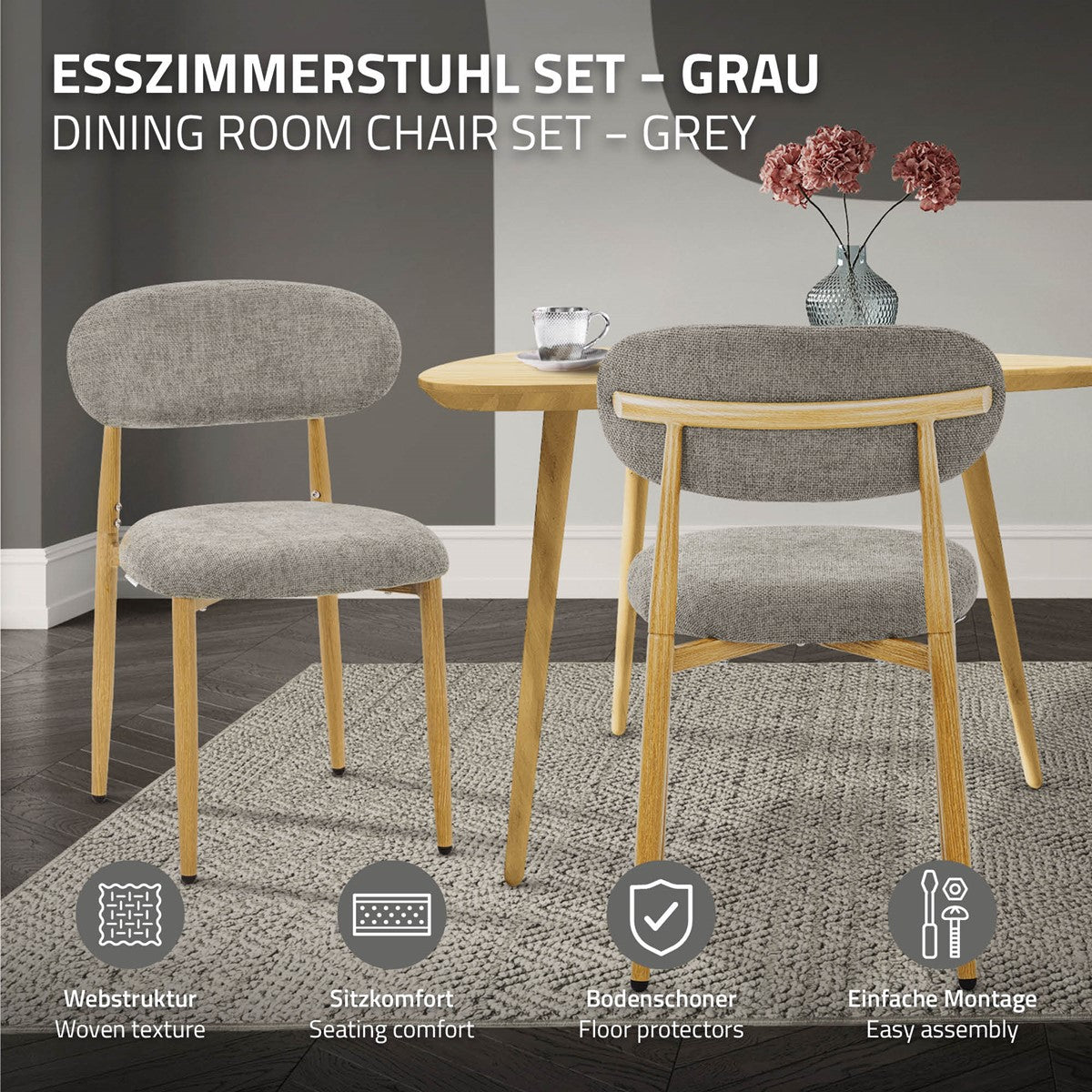Zwei graue Polsterstühle mit Holzbeinen an einem Esstisch; Symbole nennen Webstruktur, Sitzkomfort, Bodenschoner und einfache Montage.