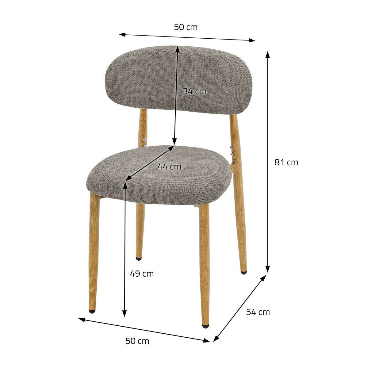 Grauer Polsterstuhl mit Maßangaben: 50 cm breit, 54 cm tief und 81 cm hoch.