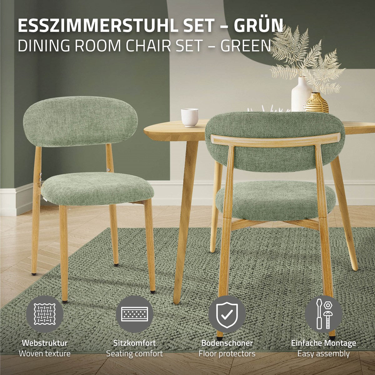 Green dining chairs with wooden legs at a wooden table; symbols indicate a woven texture, seating comfort, floor protectors, and assembly.