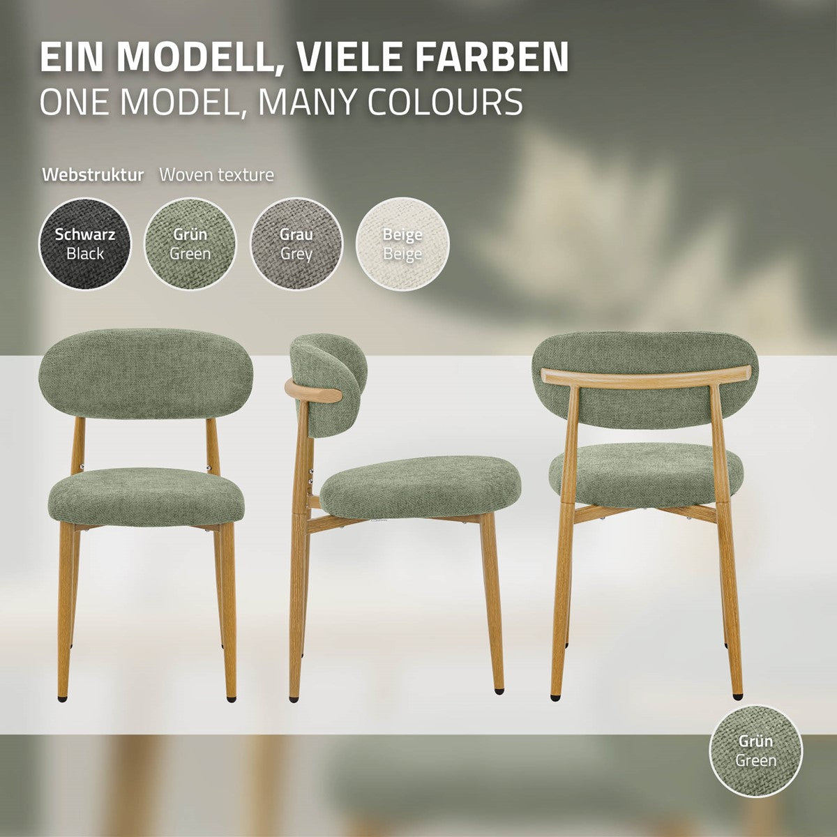 Grüner Polsterstuhl aus drei Perspektiven; daneben Farbmuster in Schwarz, Grün, Grau und Beige.