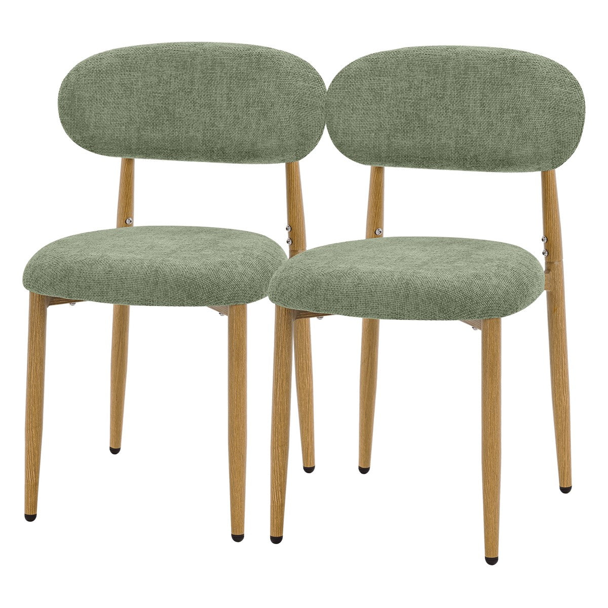 Two green upholstered chairs with rounded backrests and light brown wooden legs.