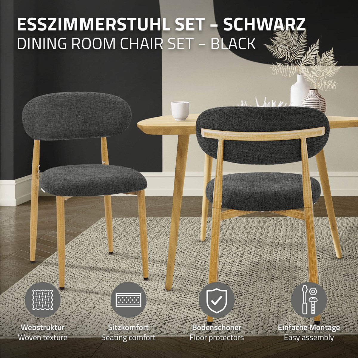 Zwei dunkelgraue Esszimmerstühle mit Holzbeinen in einem Wohnraum; Symbole weisen auf Webstruktur, Sitzkomfort, Bodenschoner und einfache Montage hin.