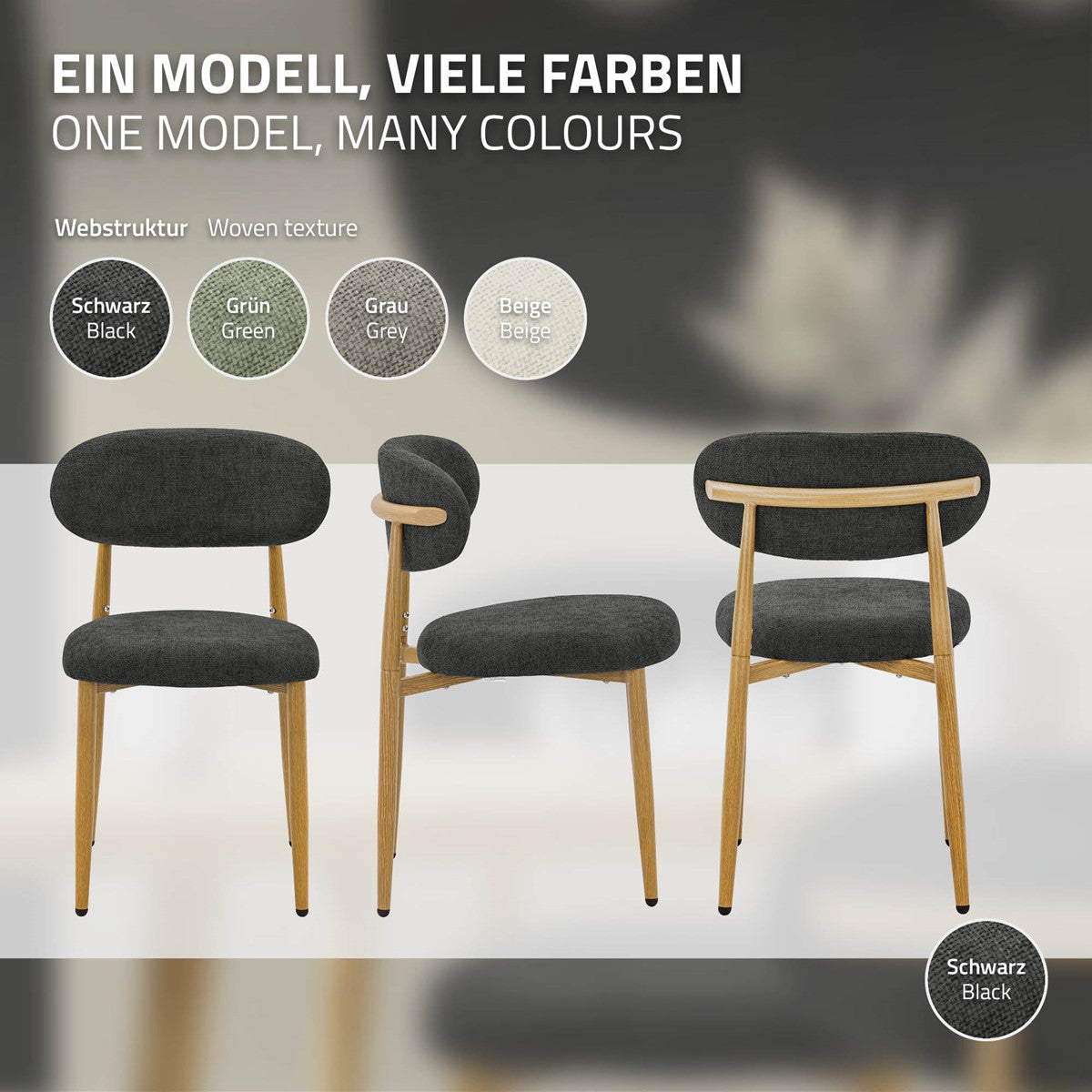 Dunkelgrauer Esszimmerstuhl aus drei Ansichten; Farbmuster zeigen Schwarz, Grün, Grau und Beige.