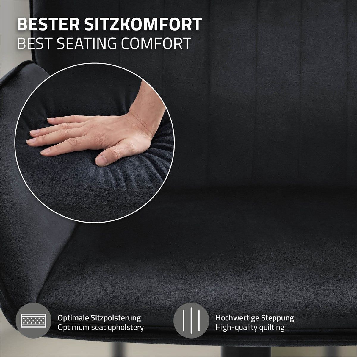 Närbild av en svart stoppad barstol; en hand trycker på sitsen. Texten nämner stoppningen och sömmarna.