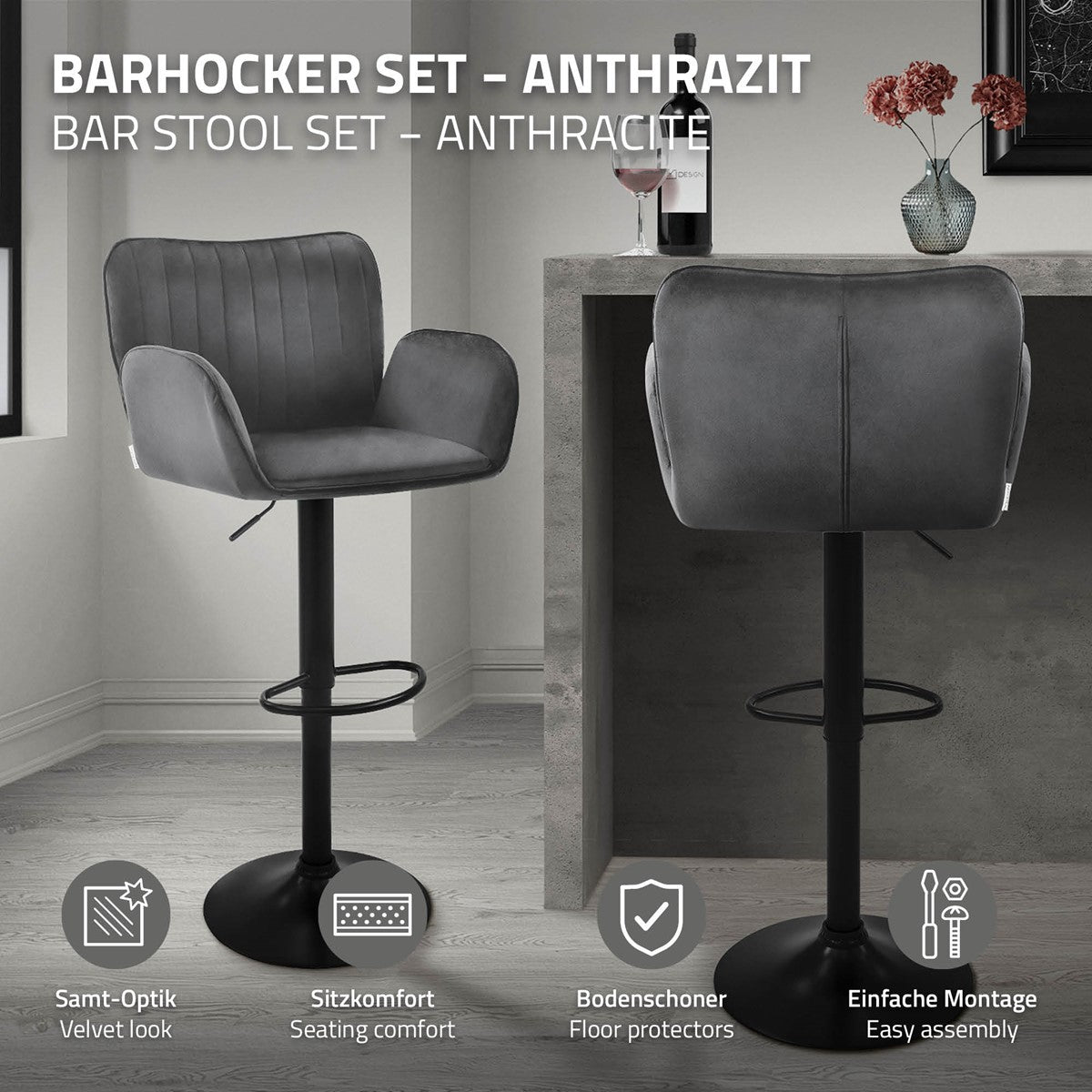 To antracitfarvede barstole; symboler angiver fløjlslook, siddekomfort, gulvbeskyttelse og nem montering.