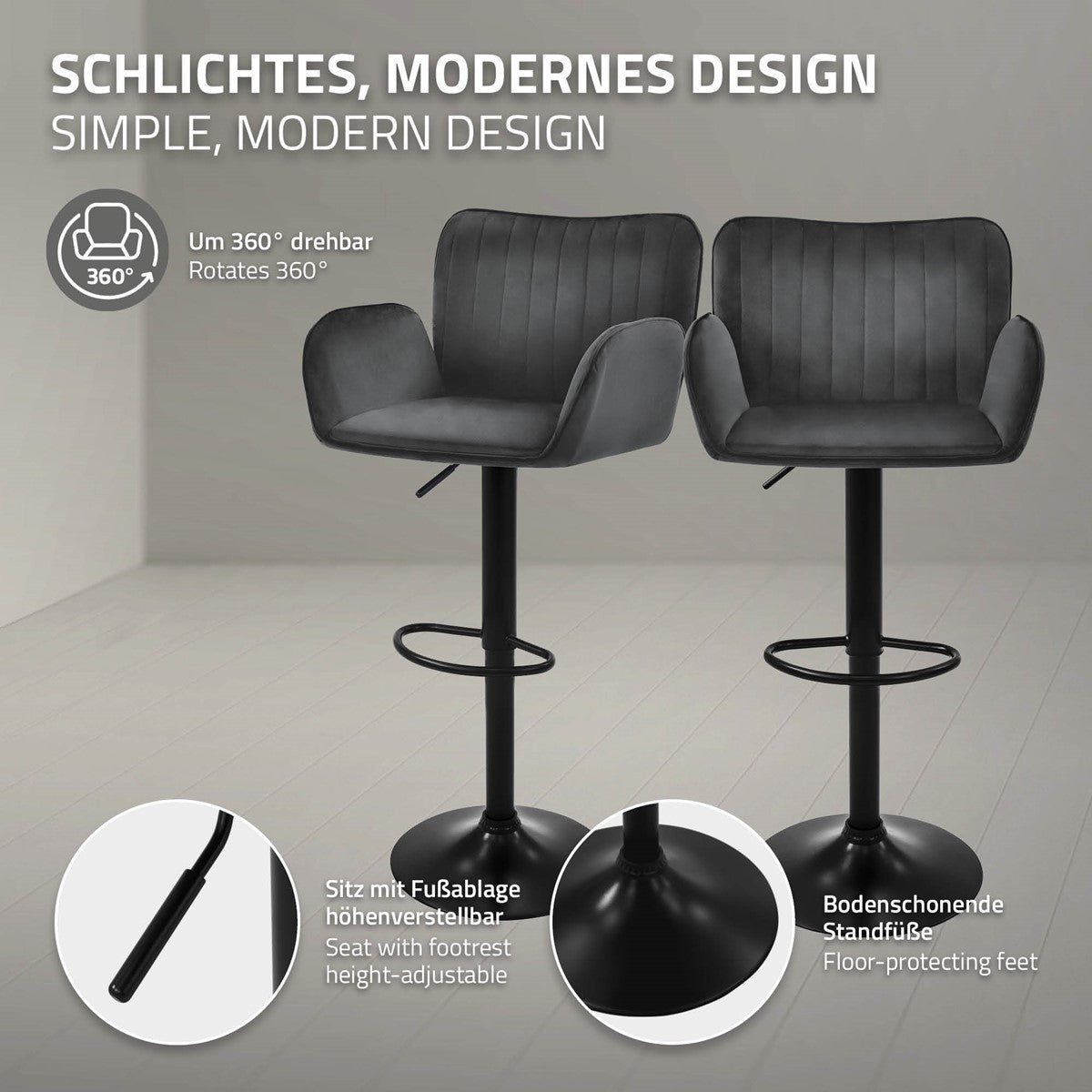 To grå barstole med sorte stel; detaljecirkler viser fodstøtte og fod, ved siden af står der „Enkelt, moderne design“.