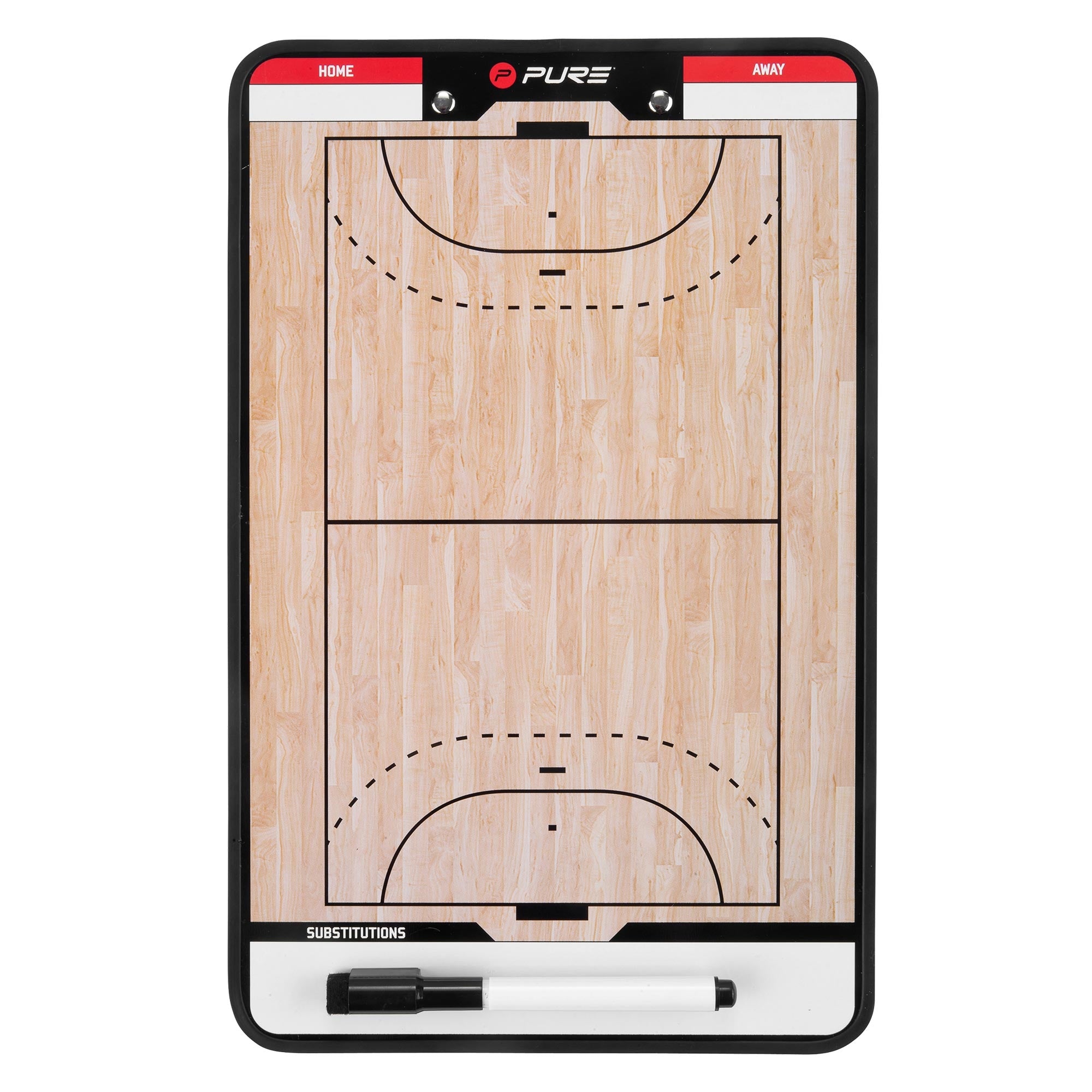 Taktiktafel til basketball med to spillefeltdele og markeringer.
